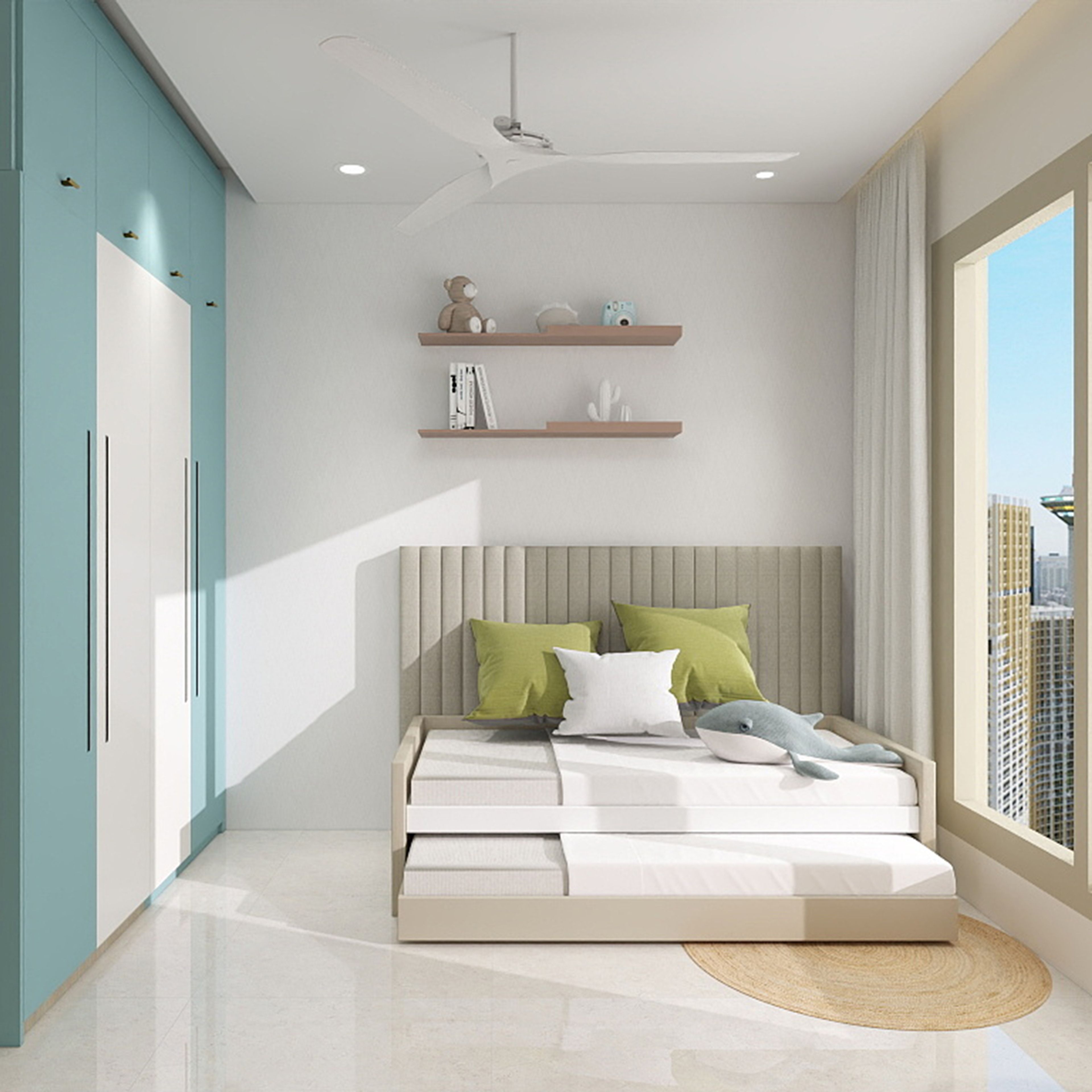 Scandinavian Kids Bedroom Design with Trundle Bed and Blue White Wardrobe