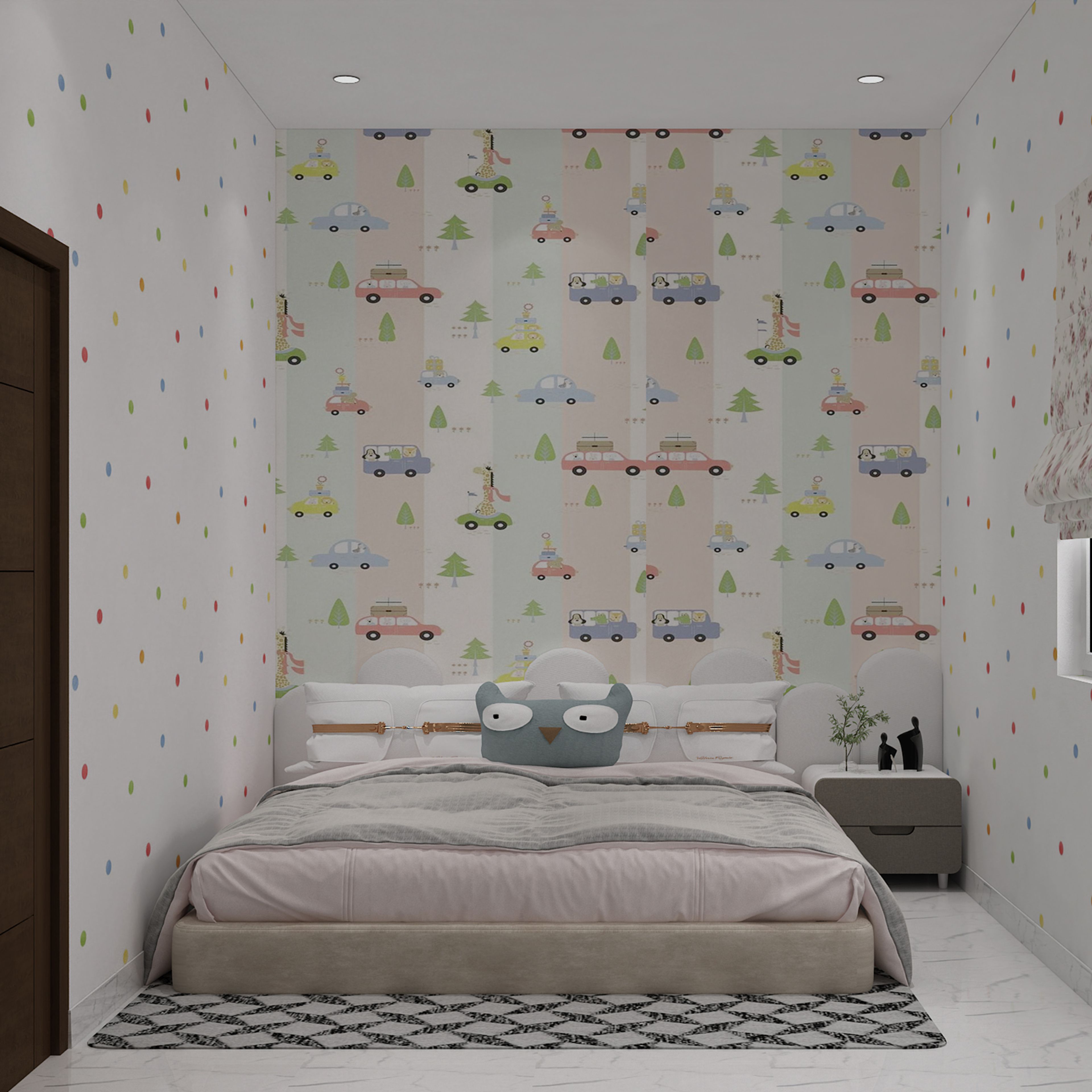 Modern Kids Bedroom with Storytelling Cartoon Theme Wallpaper Design