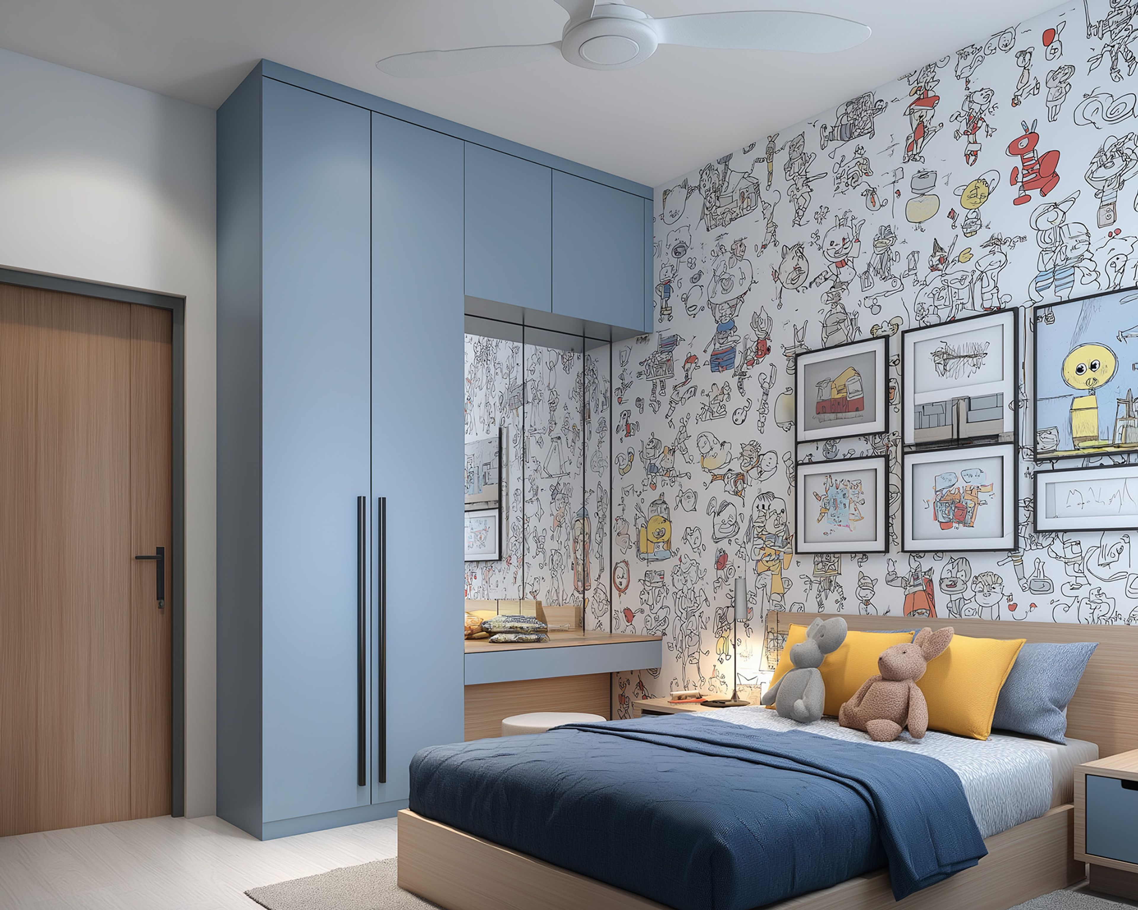 Contemporary Kids Bedroom Design with Playful Cartoon Wall and Pastel Blue Wardrobe