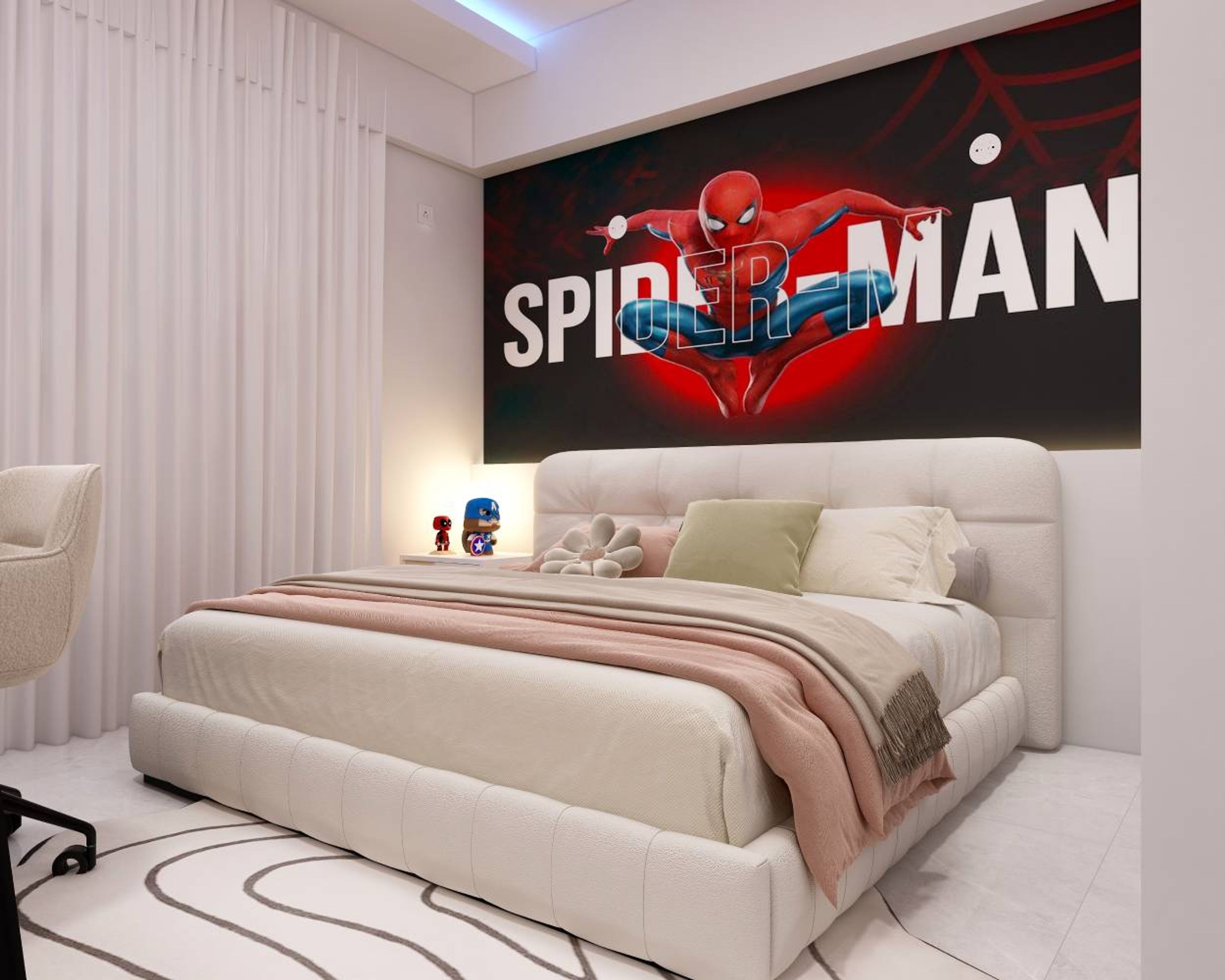 Contemporary Kids Bedroom Design with Spiderman Theme Headboard Wall