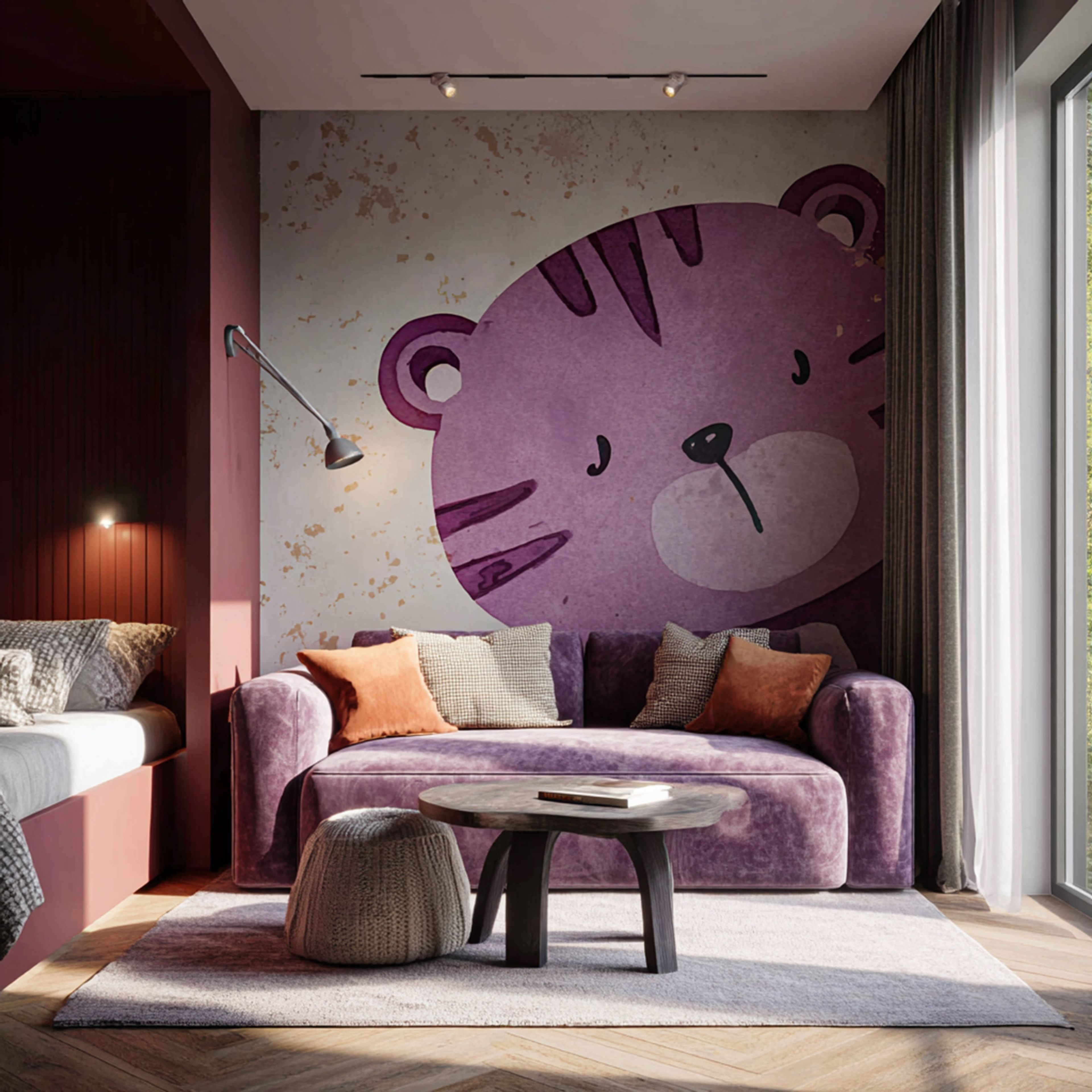 Contemporary Kids Bedroom Design with Tiger Wall Mural and Purple Sofa