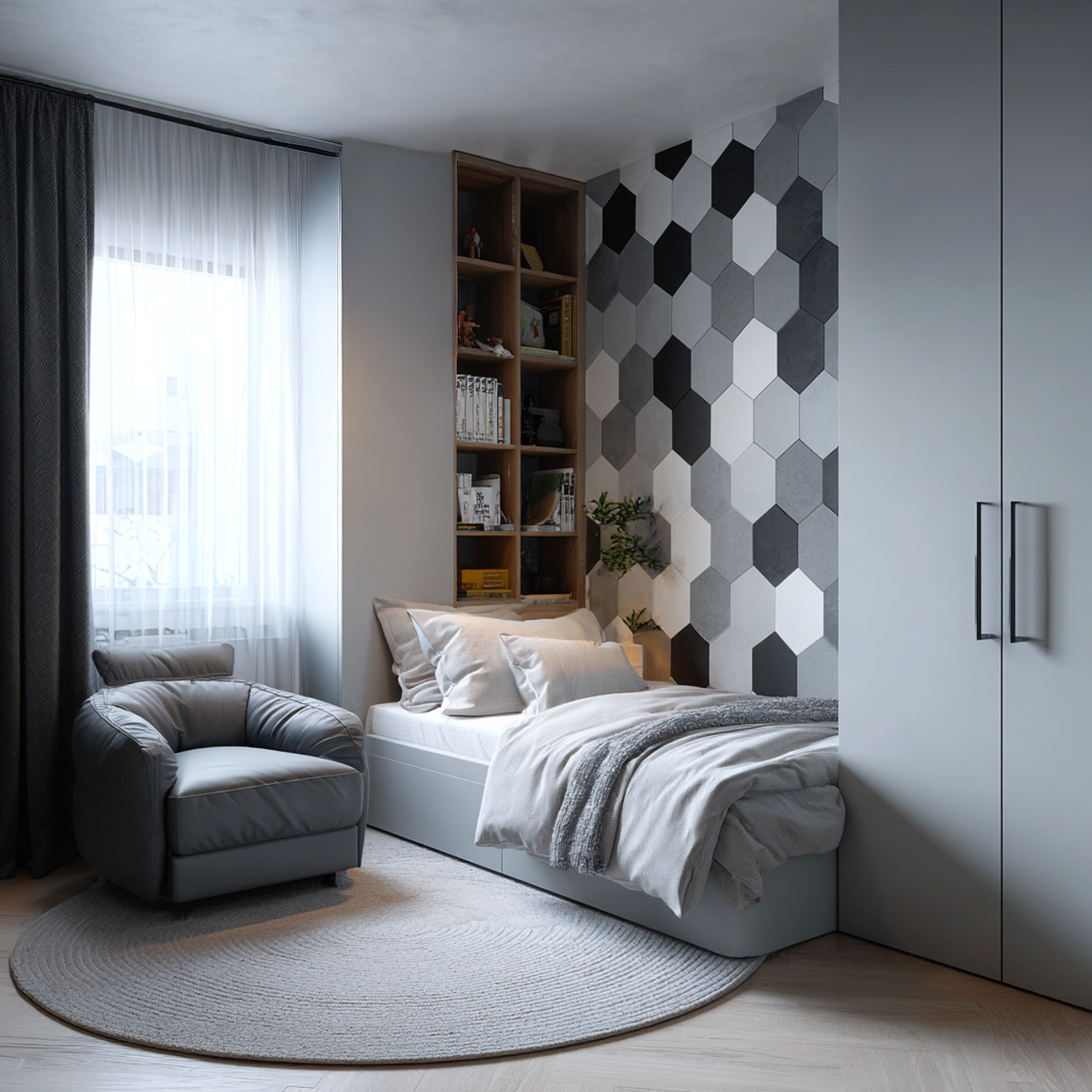 Modern Kids Bedroom Design with Hexagon Wall and Storage Bed