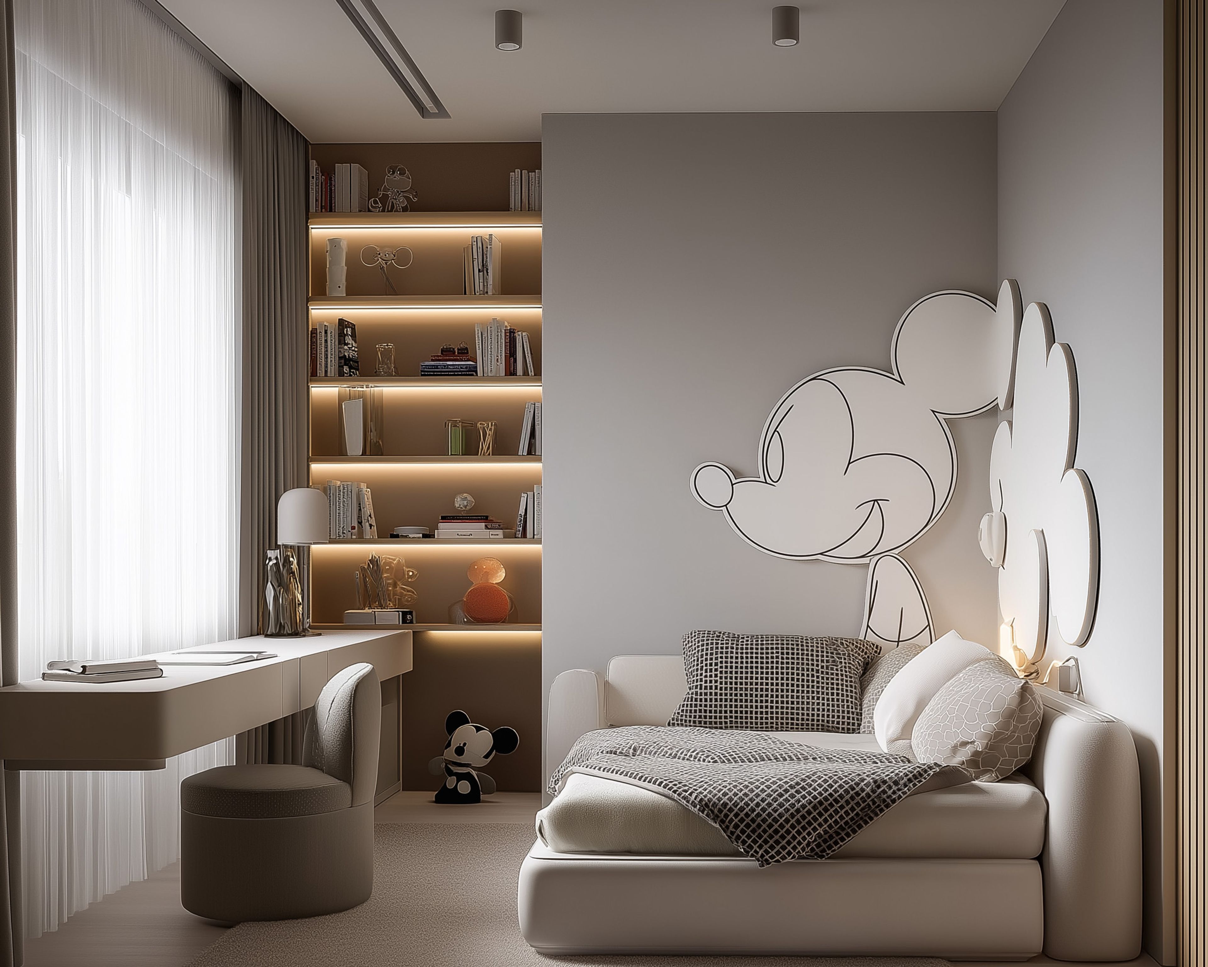 Contemporary Kids Bedroom Design with Mickey Wall and Study Desk