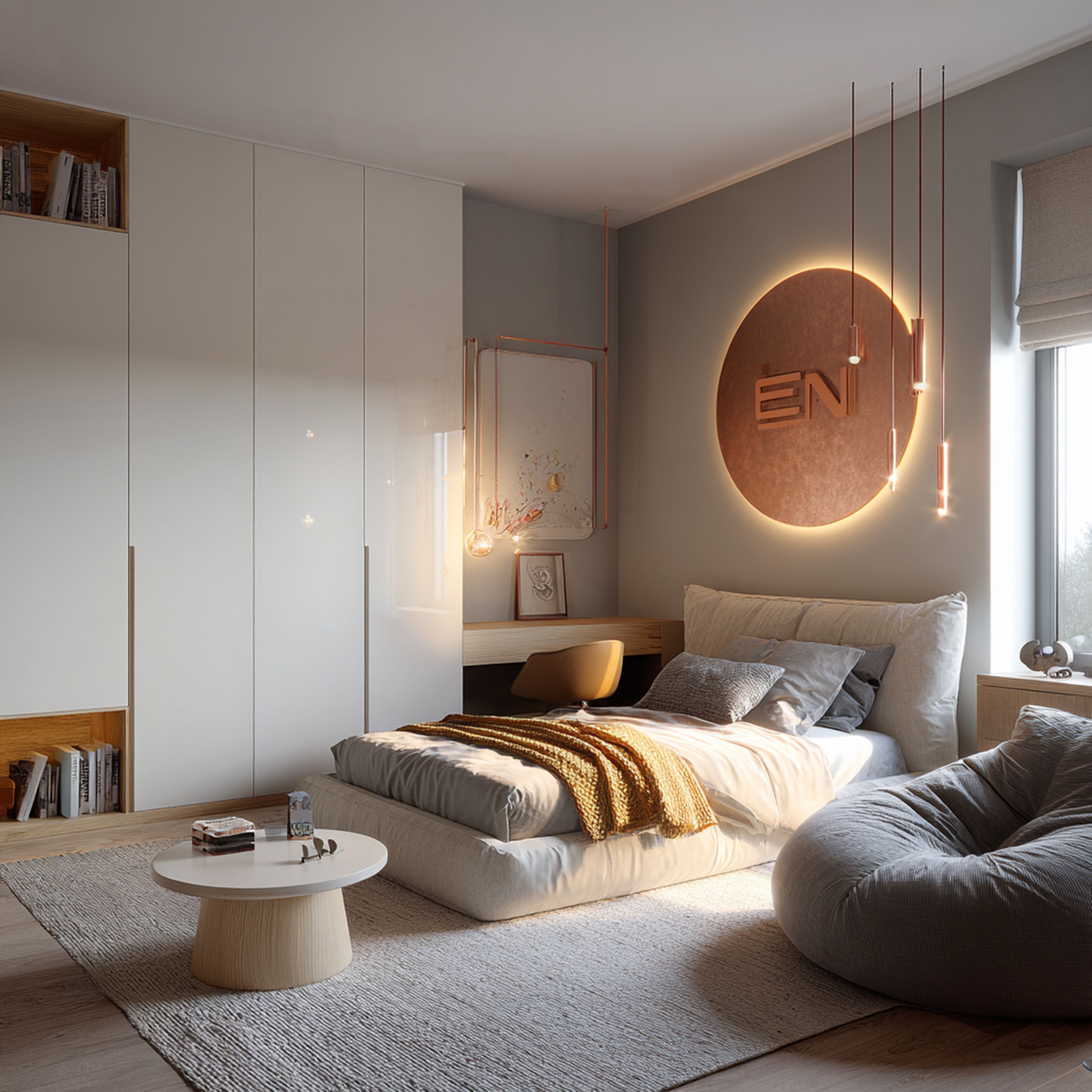 Modern Kids Bedroom Design with Low Platform Bed and Study Desk