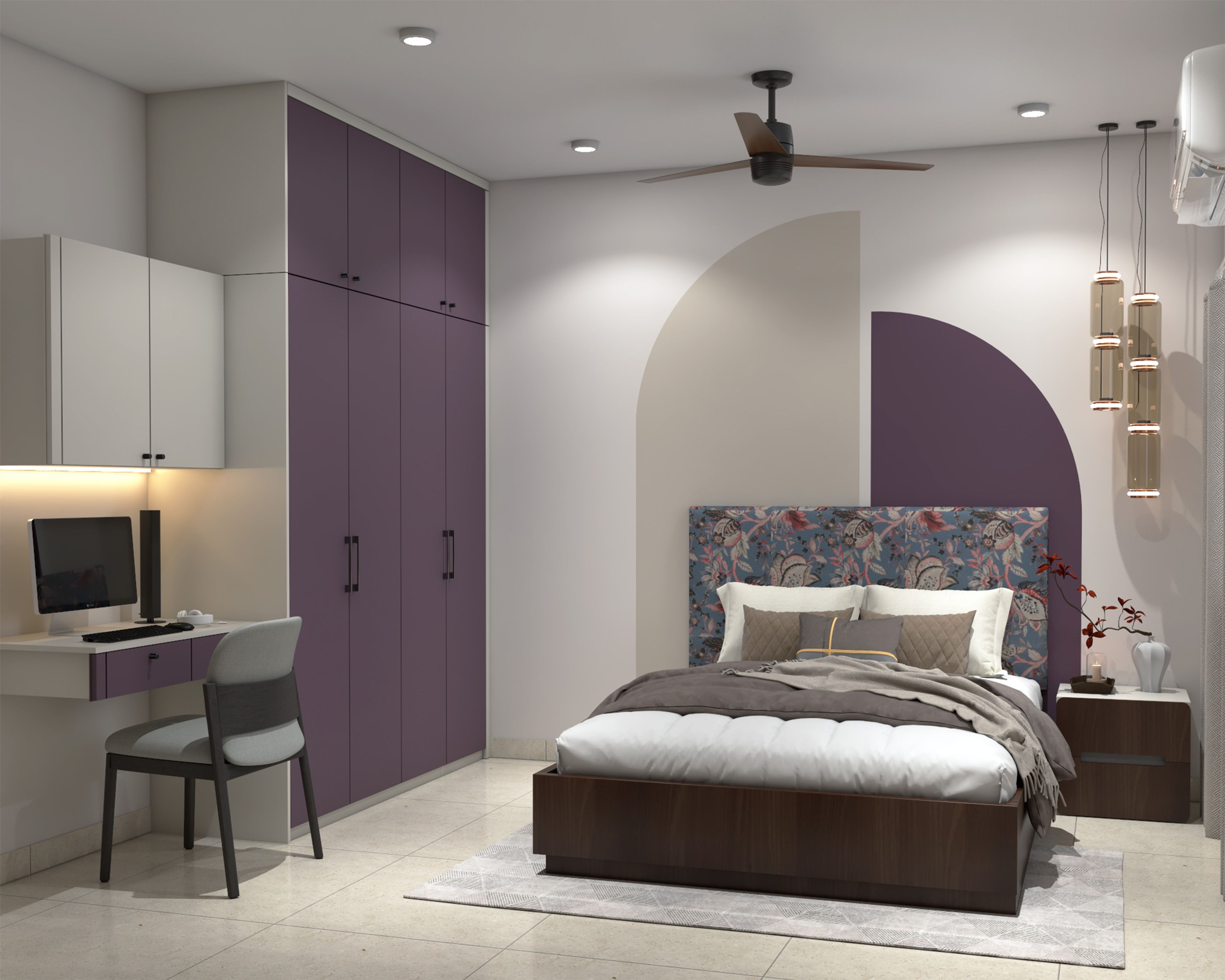 Modern Kids Bedroom Design with Arch Wall and Study