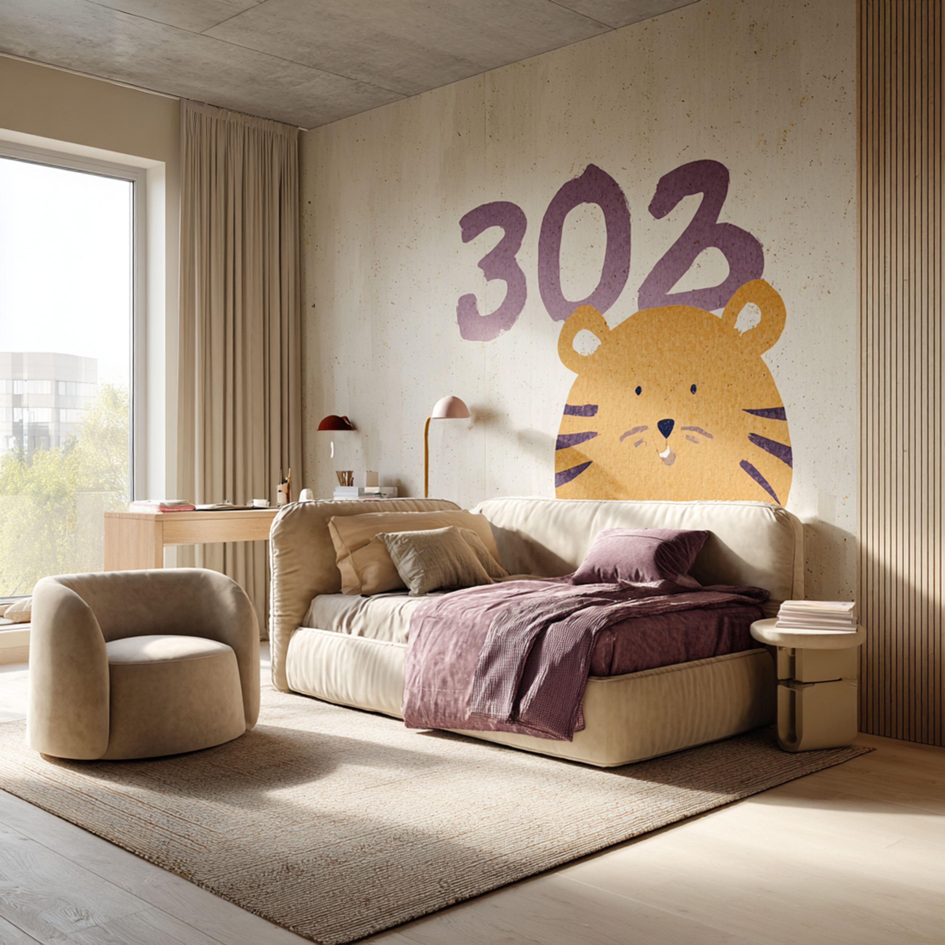 Modern Kids Bedroom Design with Tiger Wall Mural and Study Desk