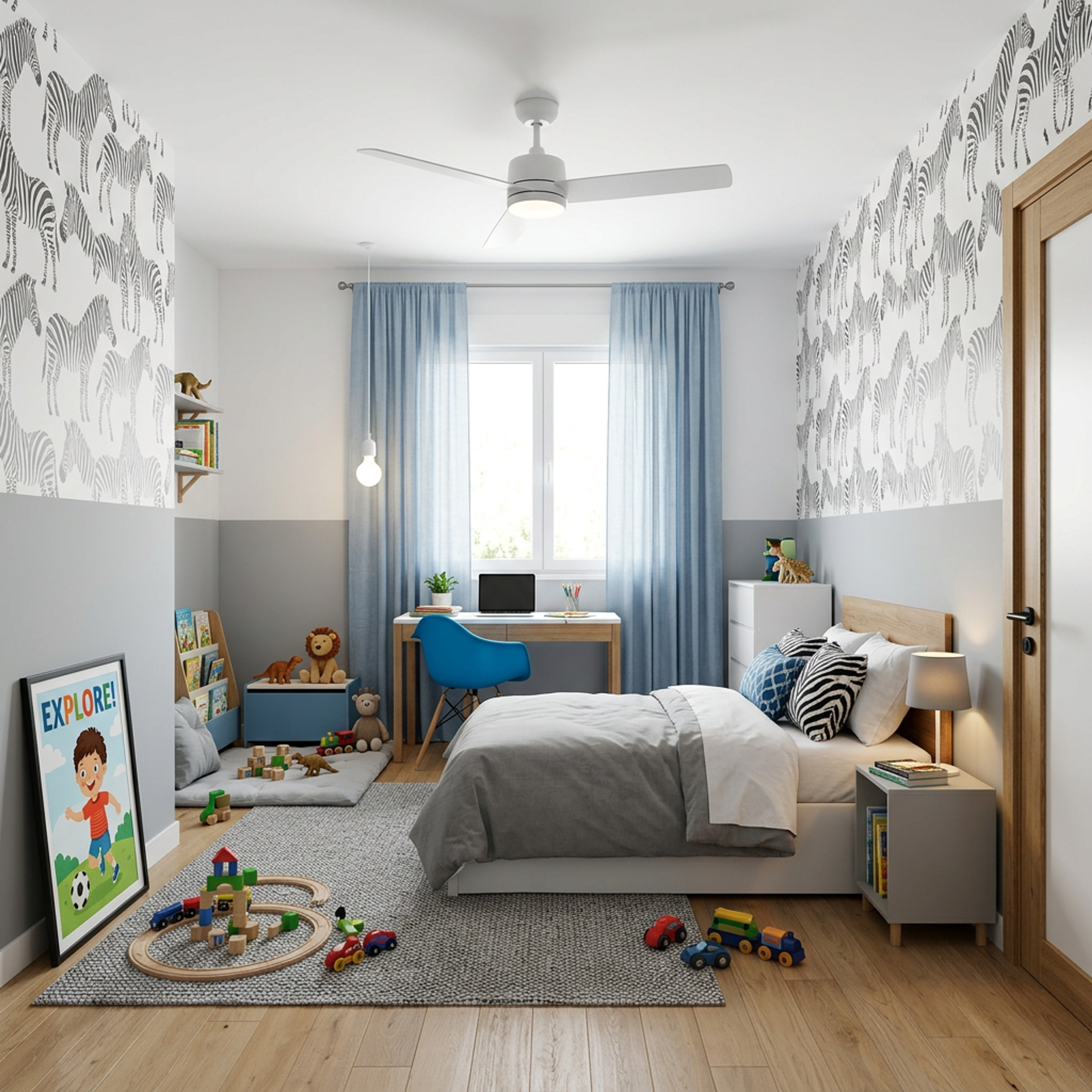 Modern Kids Bedroom Design with Study Table and Single Hydraulic Storage Cot