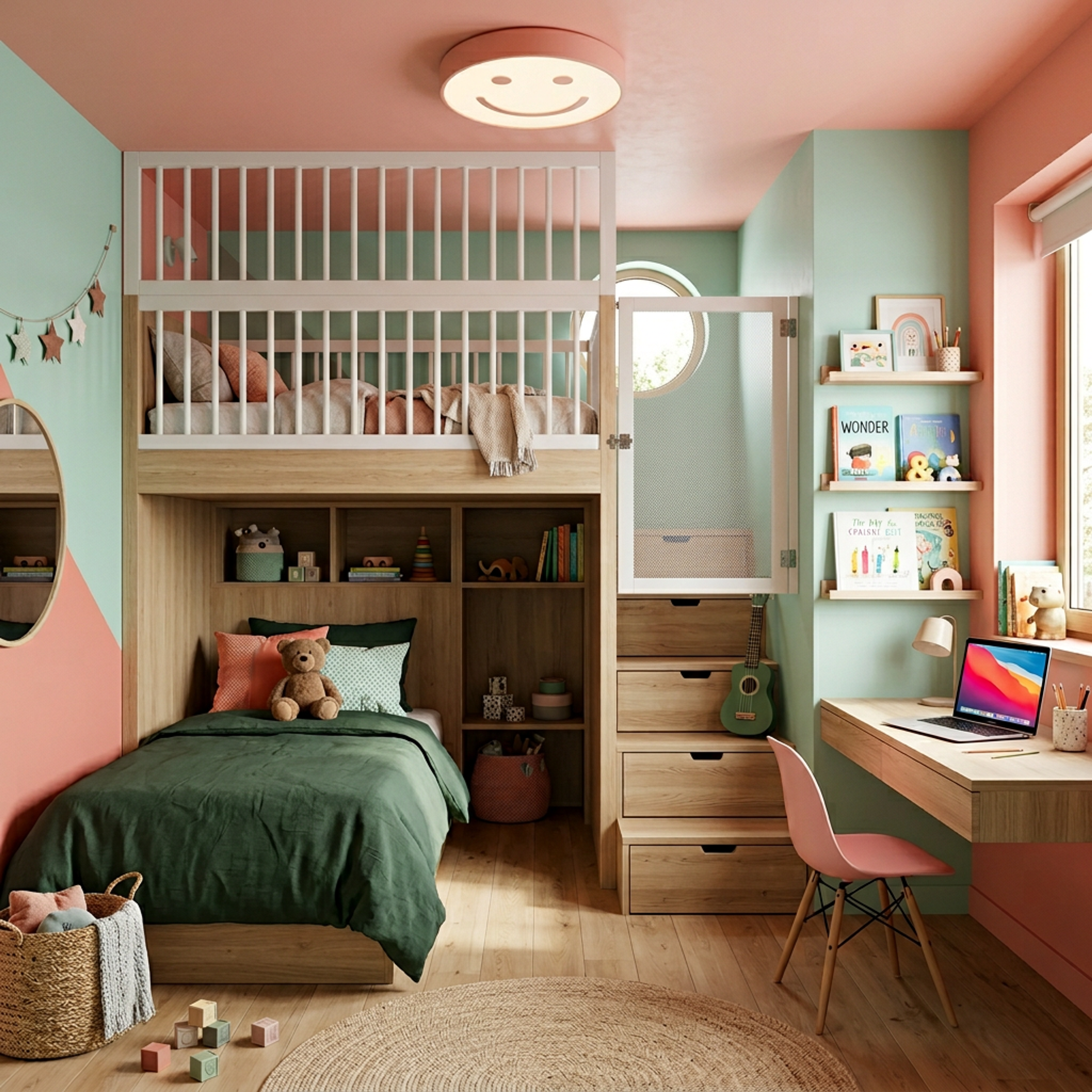 Modern Kids Bedroom Design with Bunk Bed and Pastel Storage Setup
