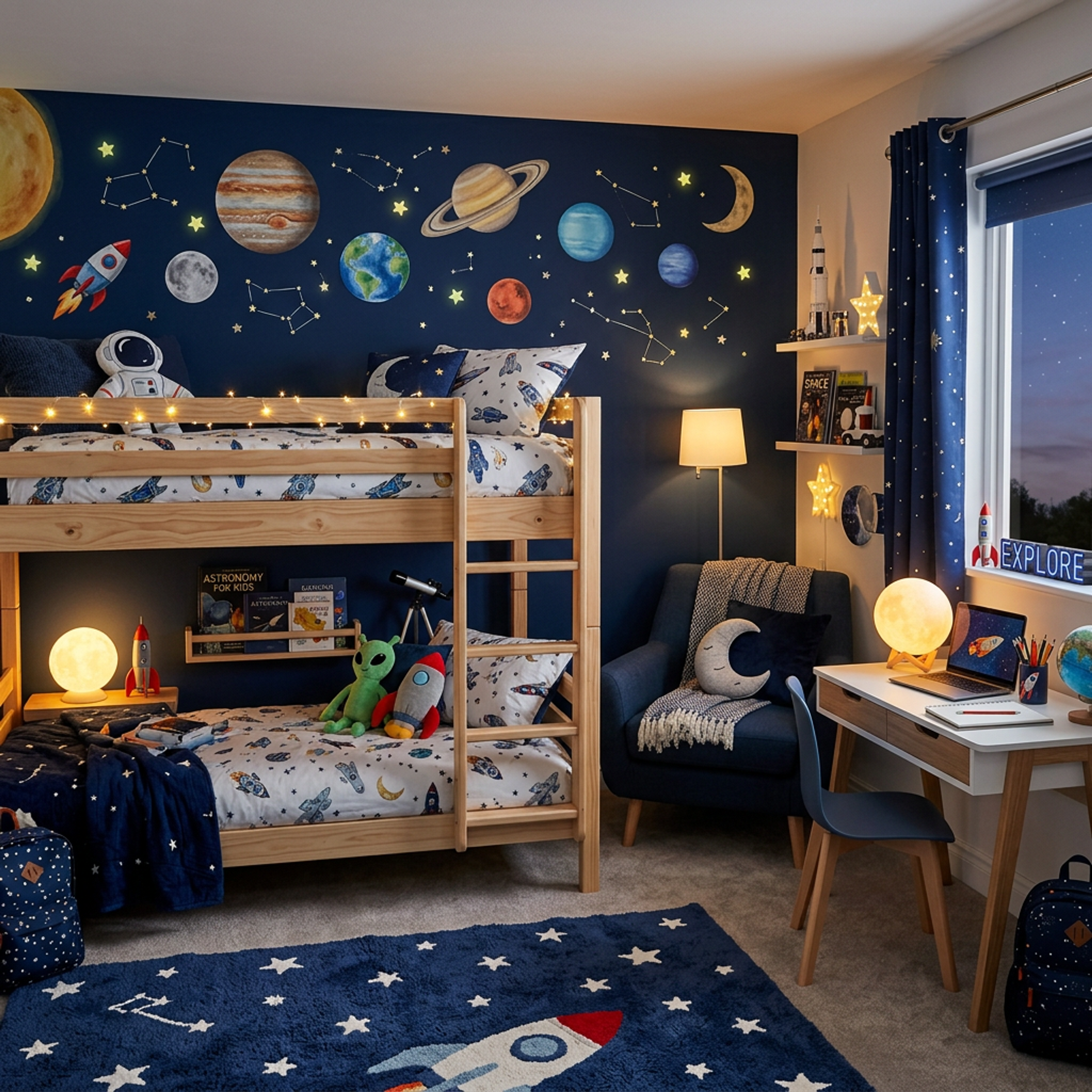 Space Theme Modern Kids Bedroom Design with Bunk Bed with Ladder