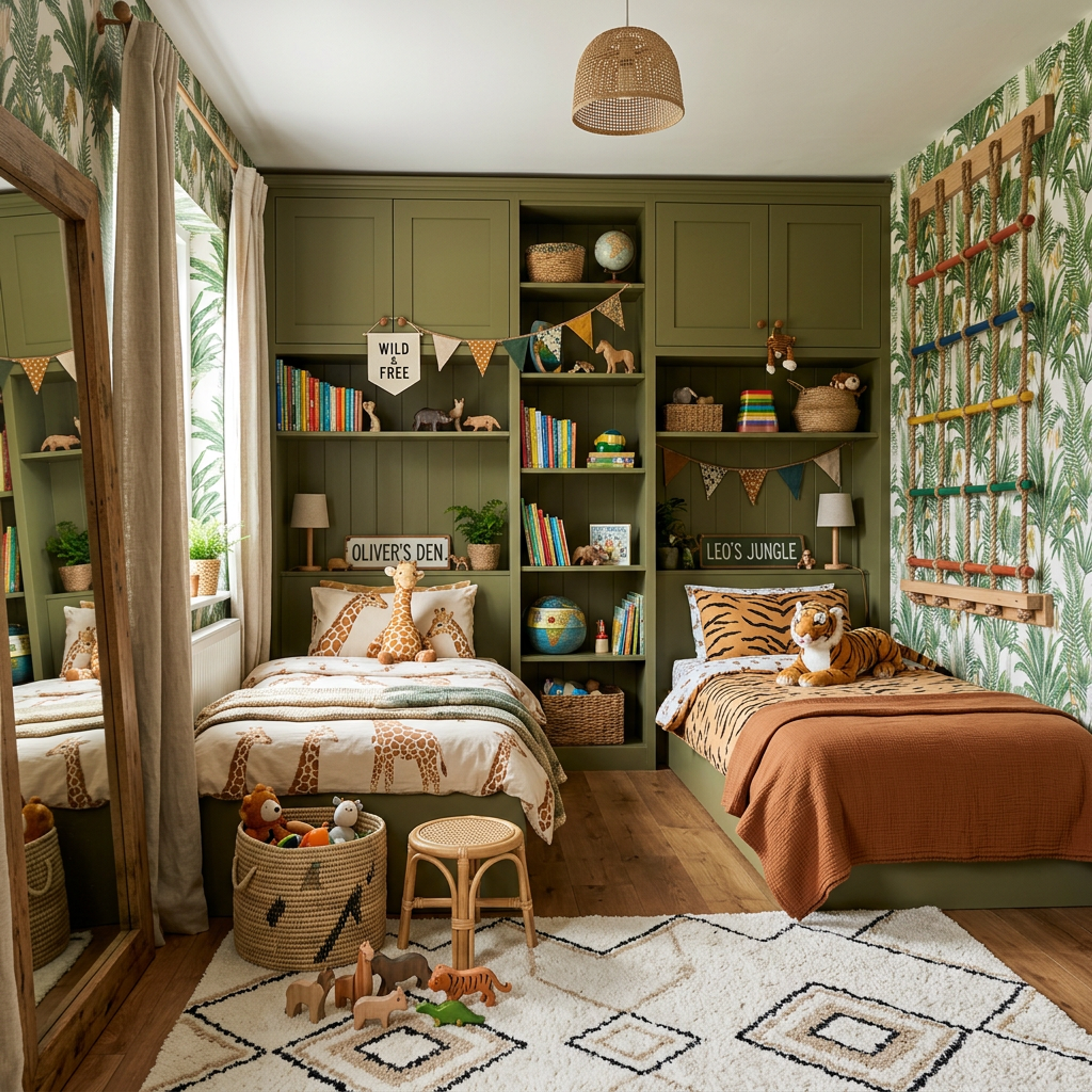 Contemporary Jungle Theme Kids Bedroom Design with Twin Beds and Rattan Stool