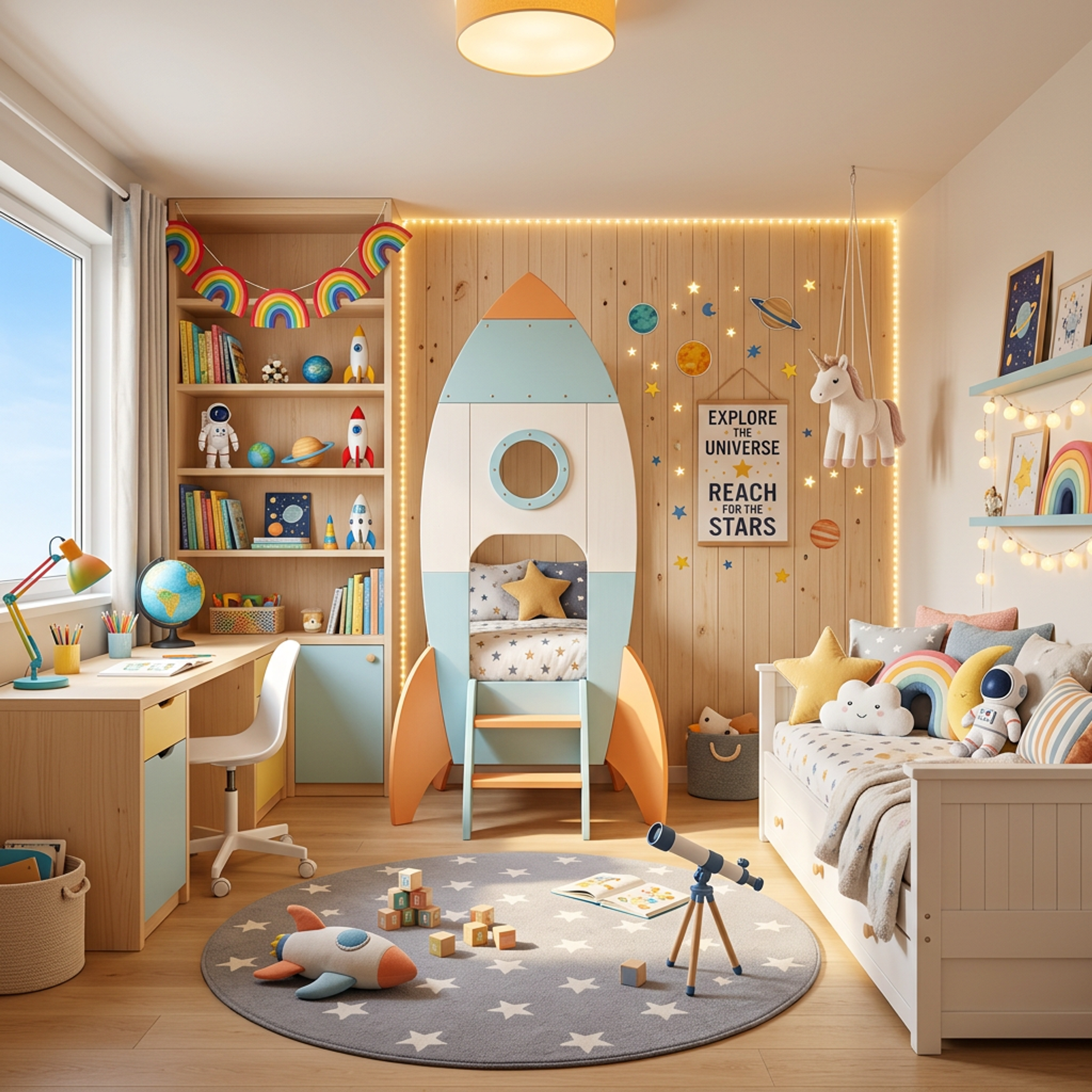Modern Kids Bedroom Design with Space Theme and Playhouse Bed Setup