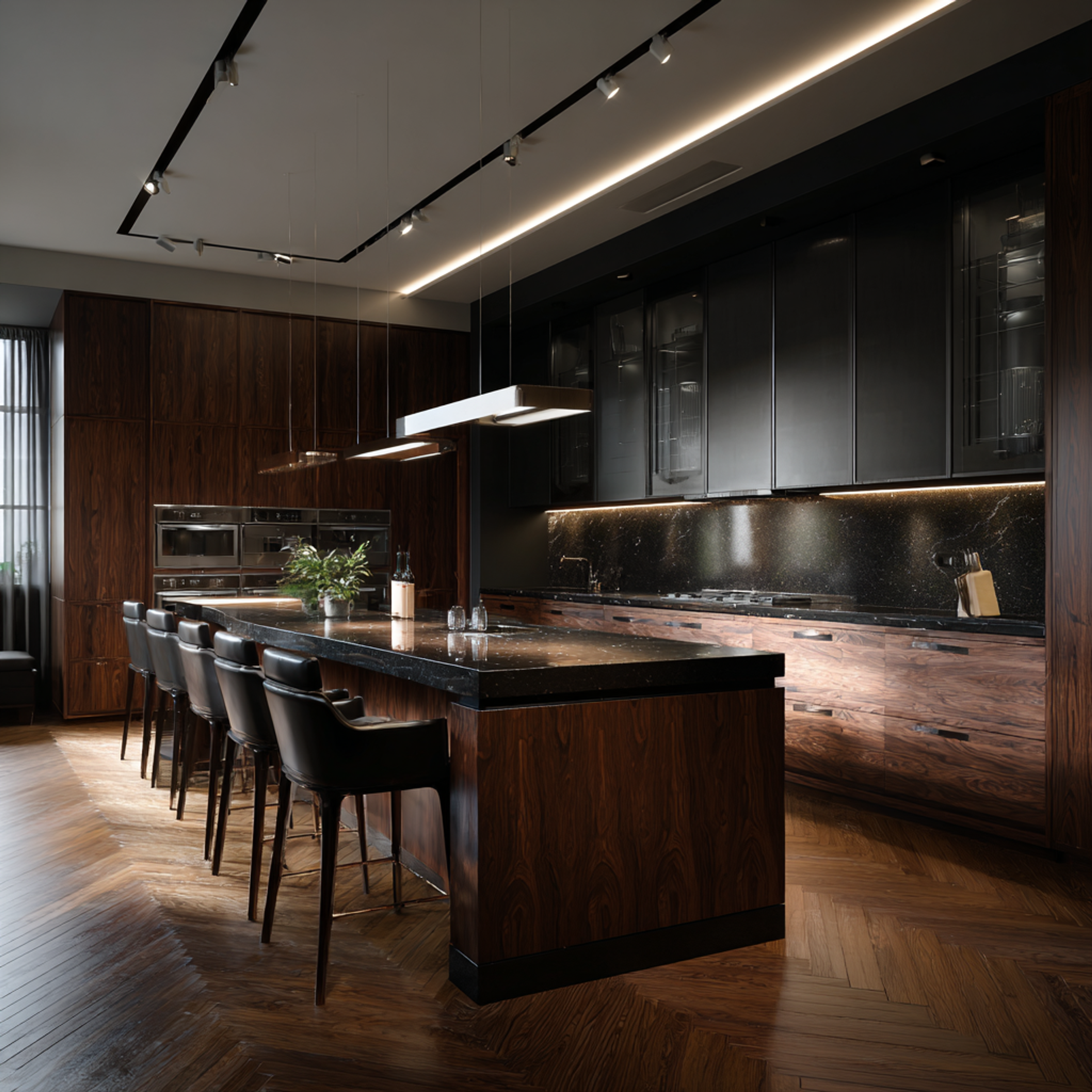 Modern Island Kitchen Design with Brown and Grey Cabinetry and Granite Countertop