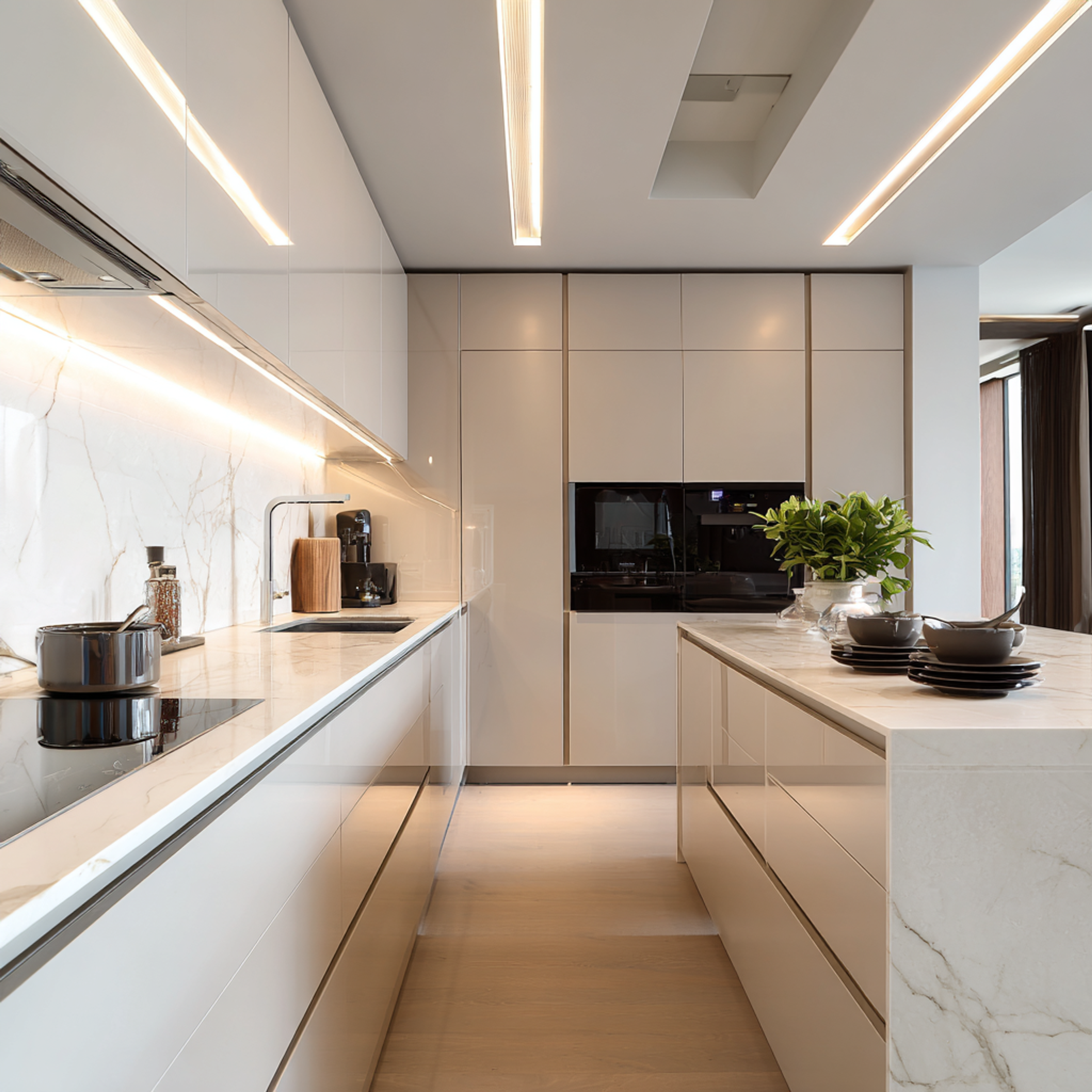 Modern Island Kitchen Design with Champagne Gloss Cabinets and Quartz Top