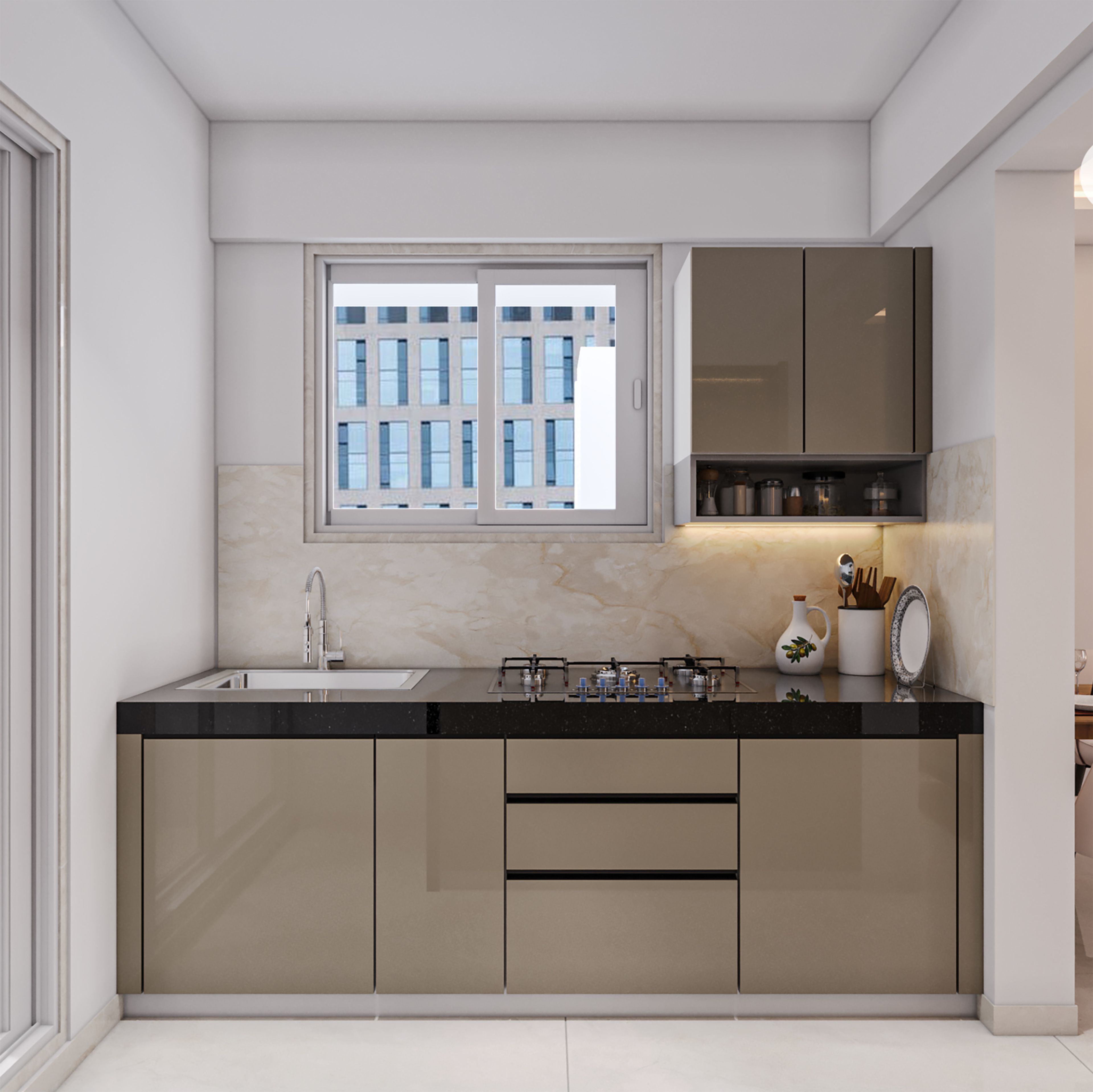 Modern Open Kitchen Design with Granite Countertop and Grey Cabinets