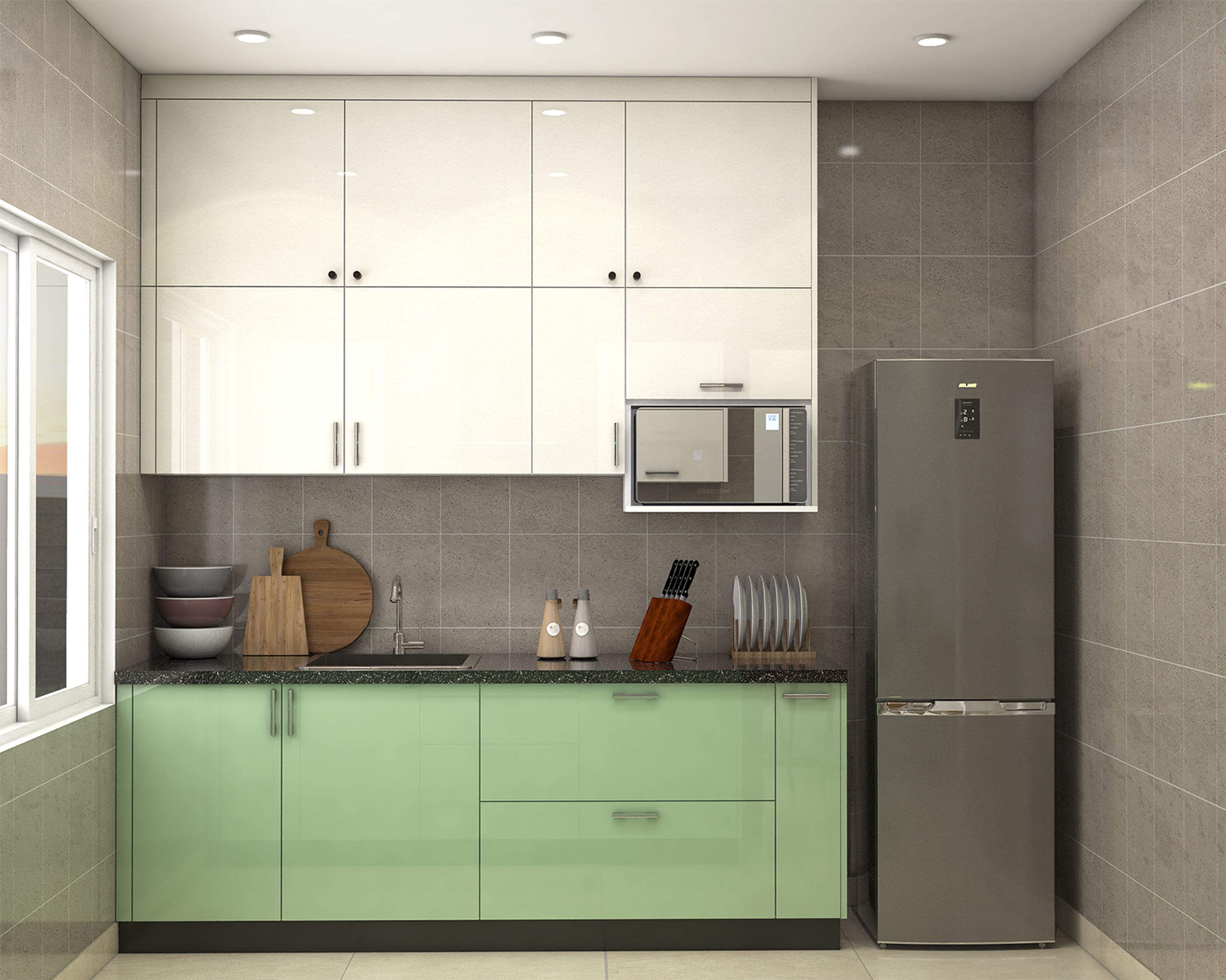 Contemporary Aqua Green and White Parallel Kitchen Design with Granite Countertop