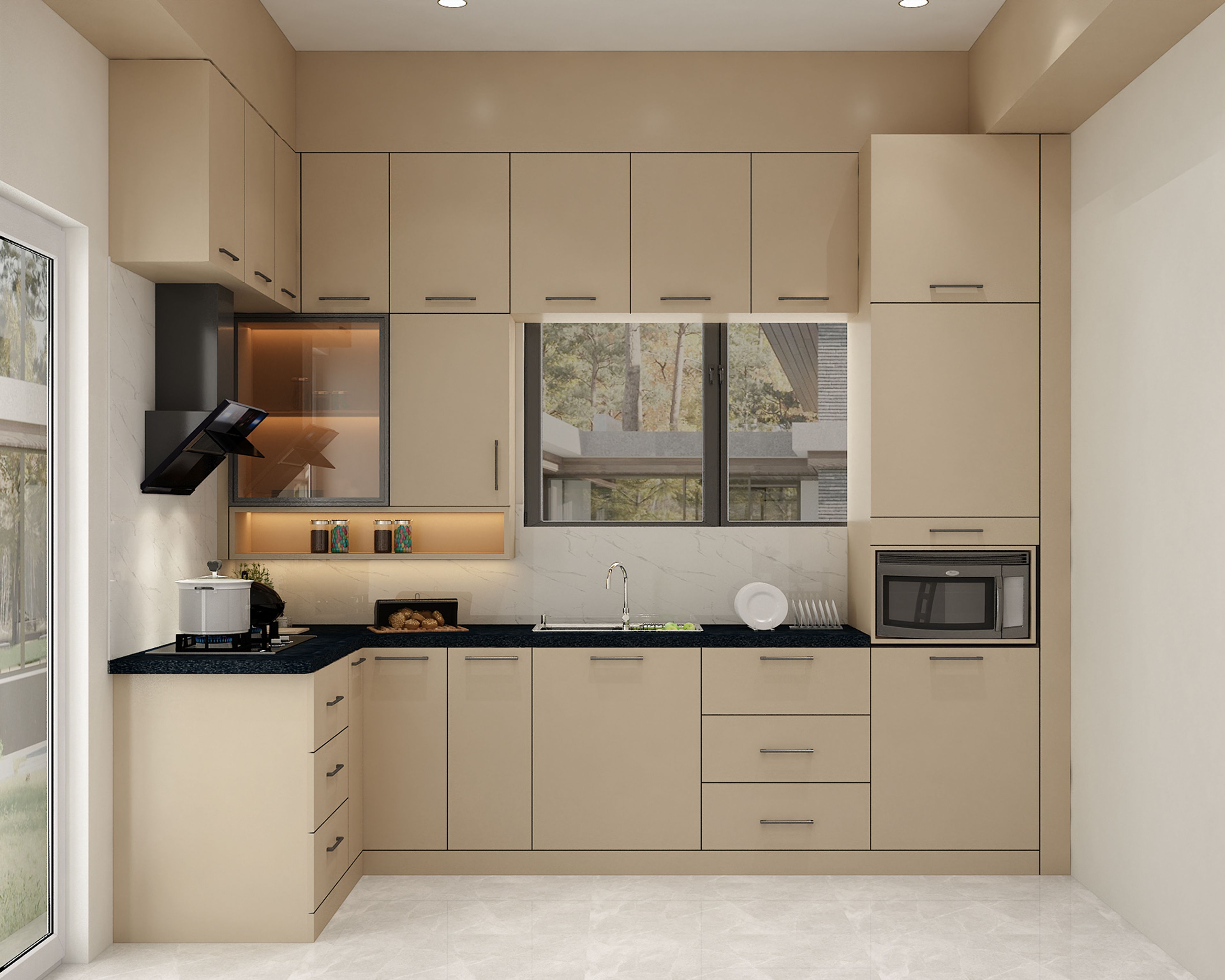 Modern Cream L-Shaped Kitchen Design with Suede Laminate Finish