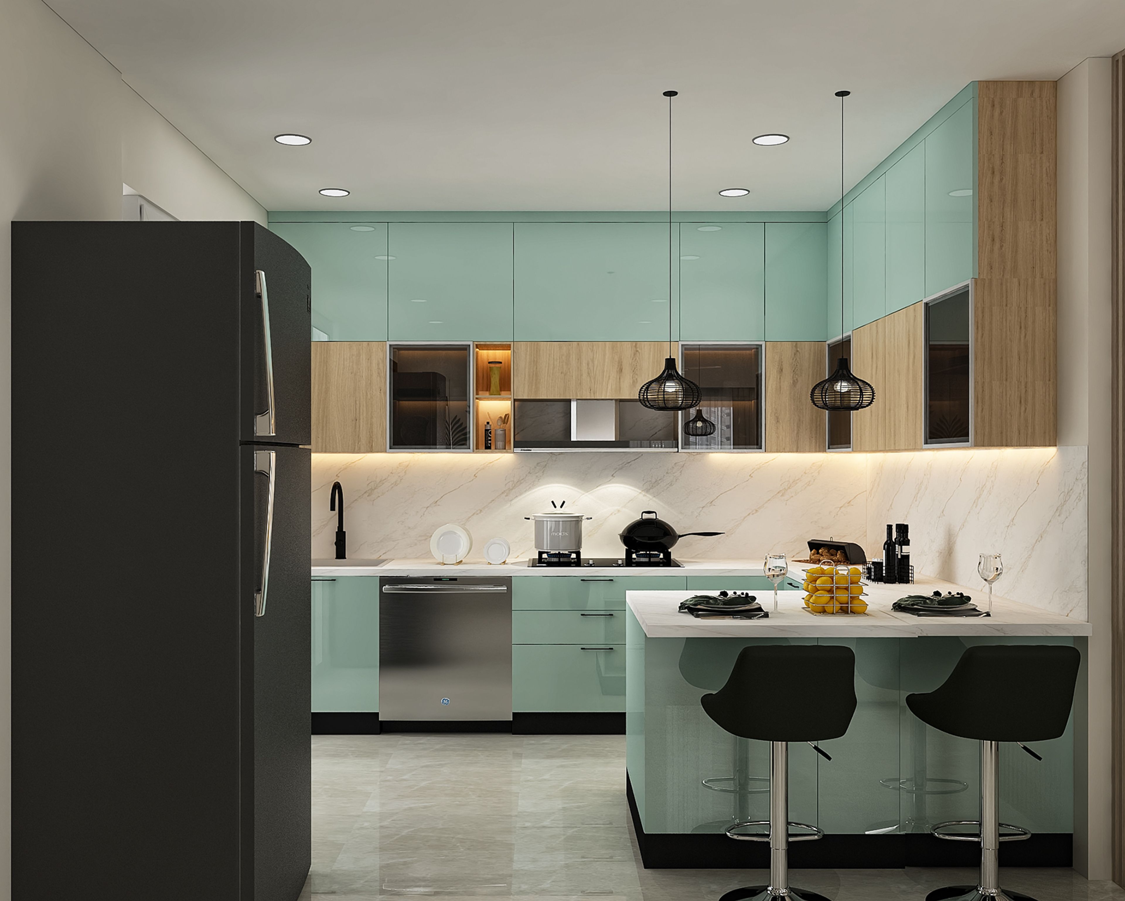 Walnut and Blue Modern U-Shaped Kitchen Design with Quartz Countertop