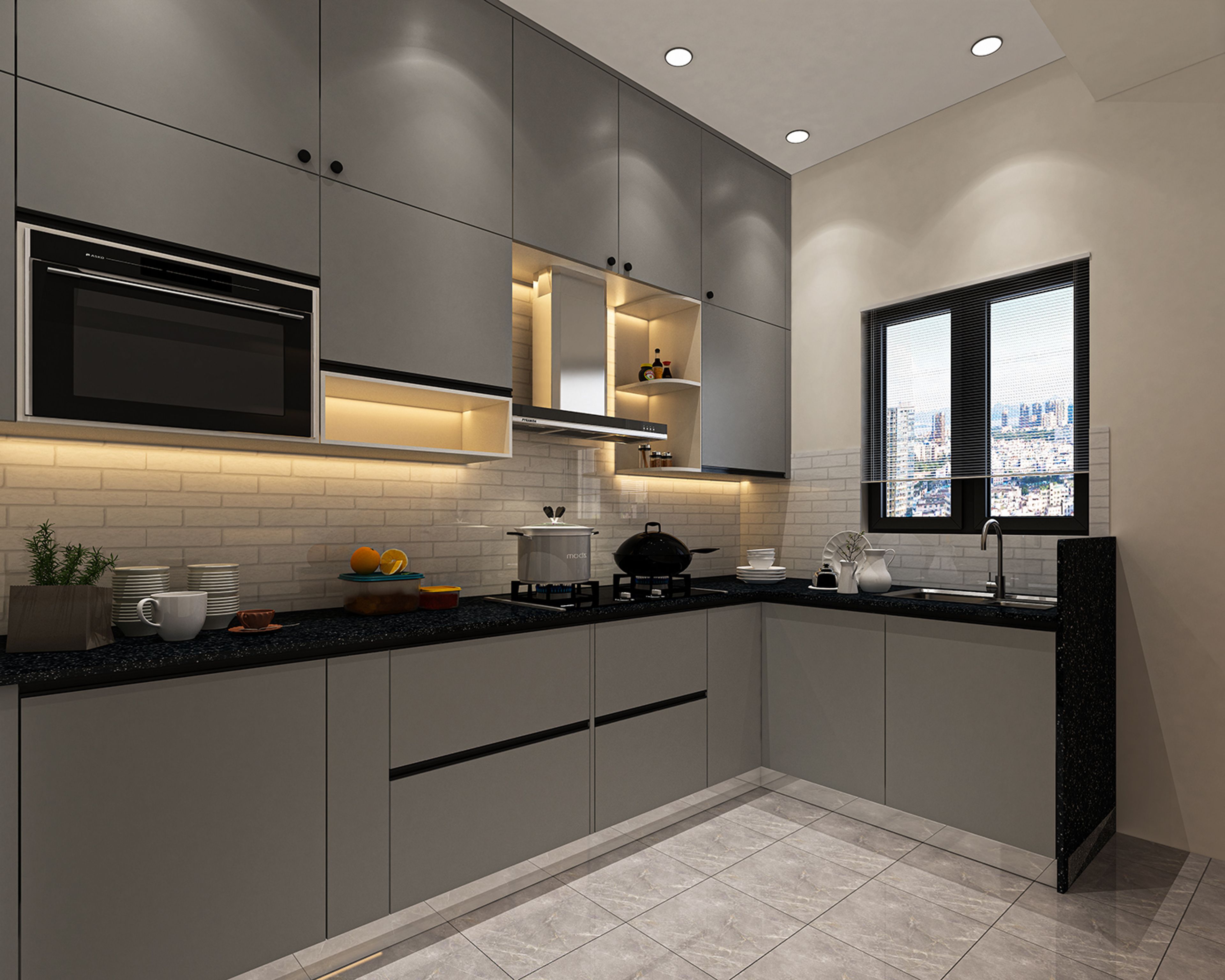 Modern L-Shaped Kitchen Design in Suede Grey with Granite Countertop