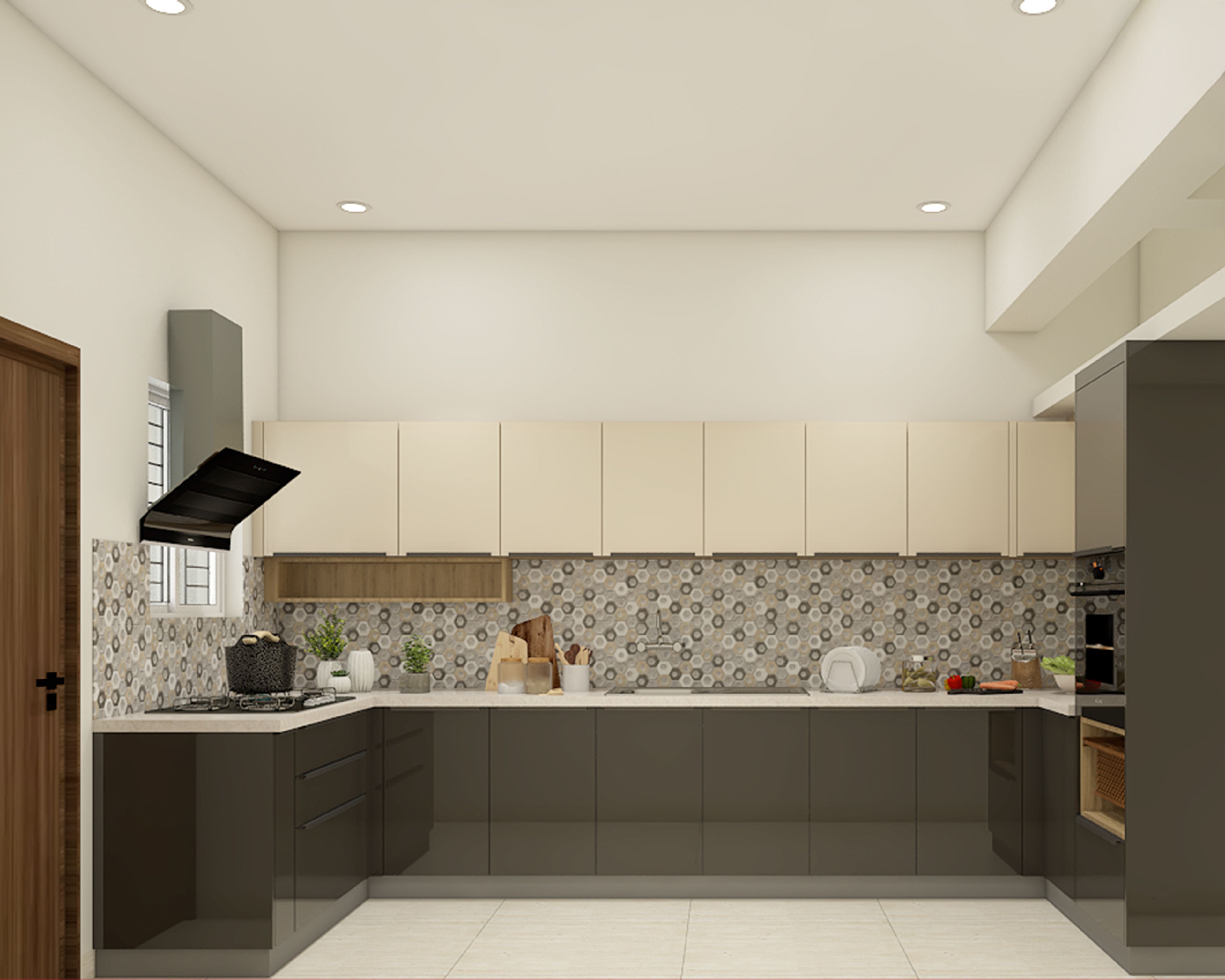 White and Grey Contemporary U-Shaped Kitchen Design with Quartz Countertop