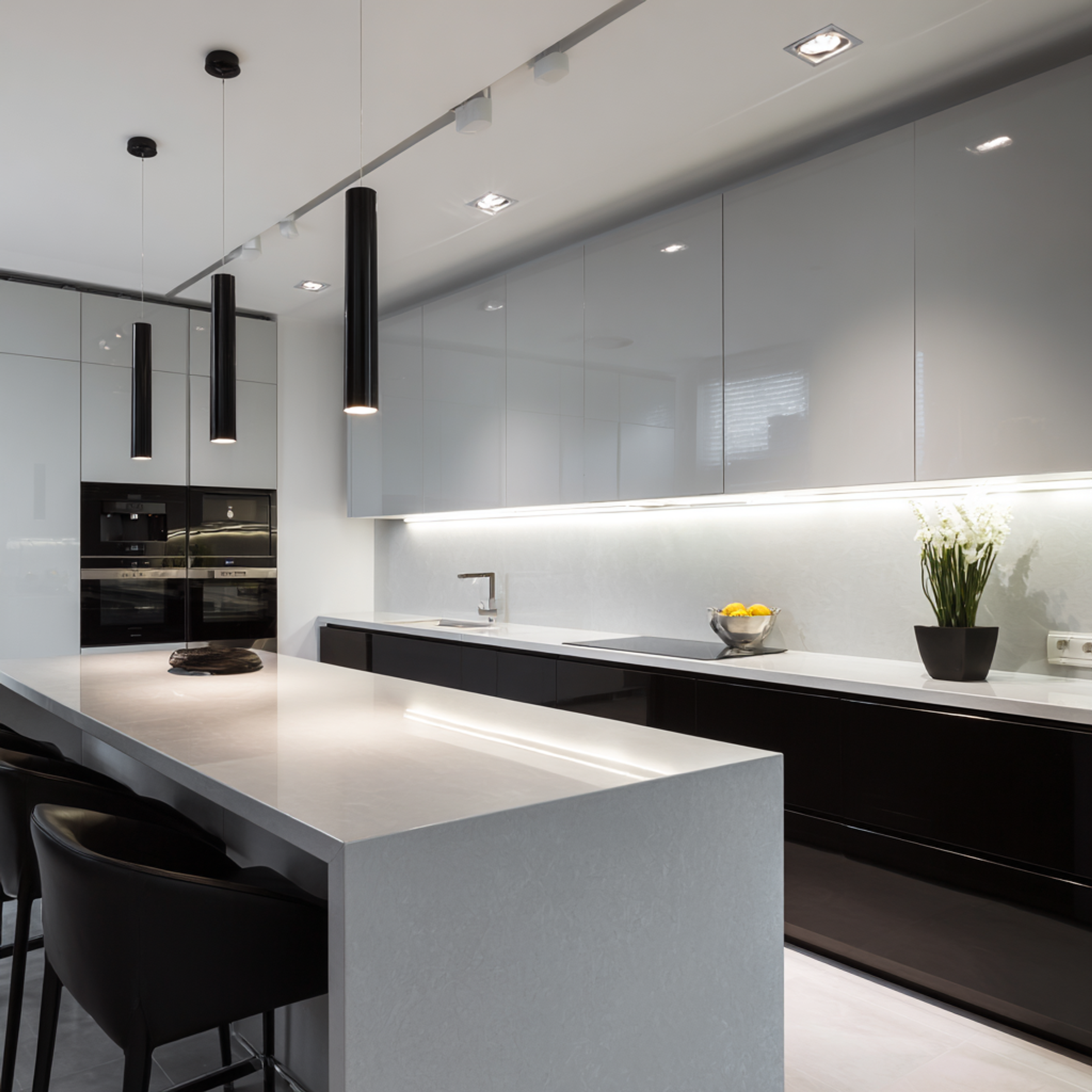 Modern Island Kitchen Design with Champagne Gloss Cabinets and Quartz Top