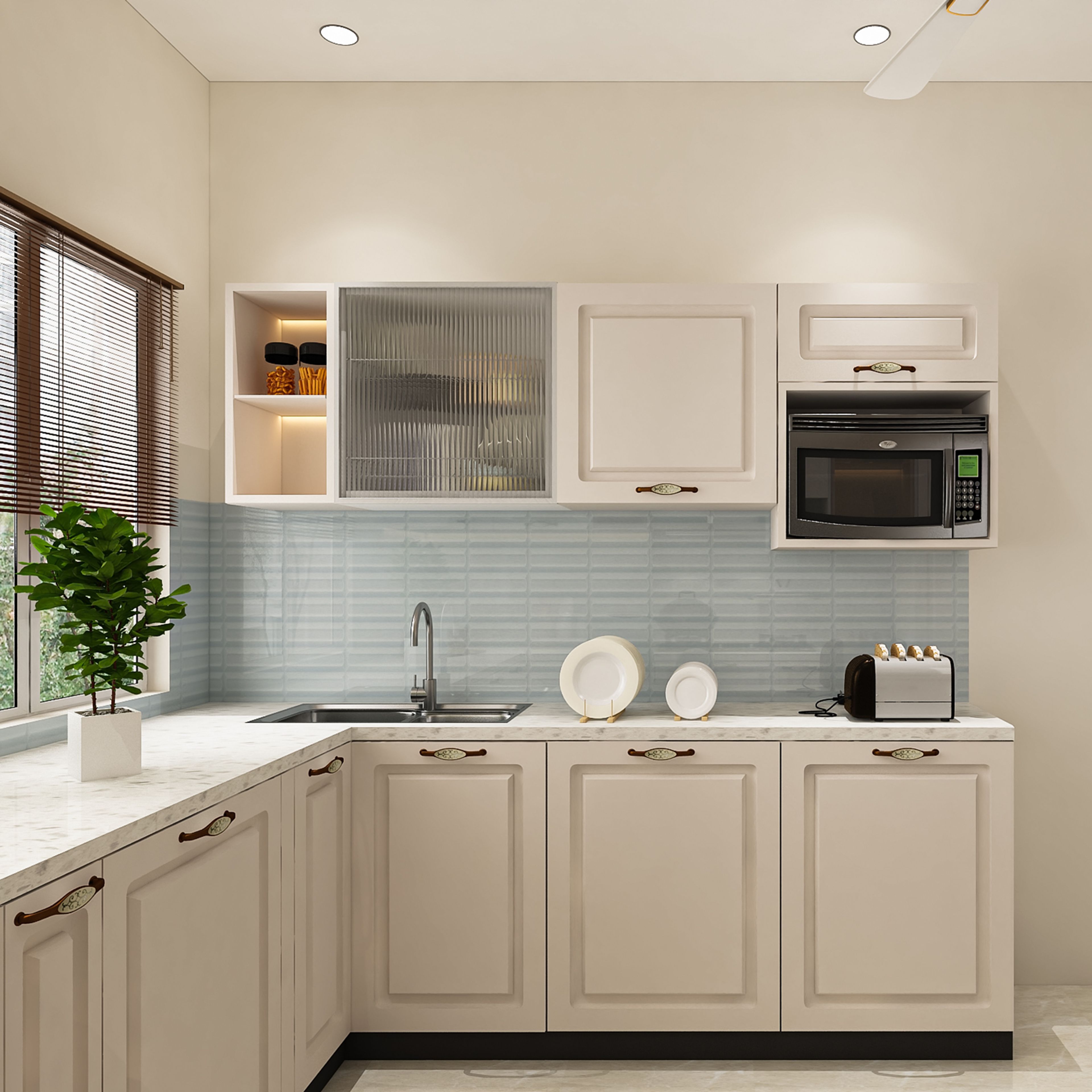 Classic Off-White Matte Finish U-Shaped Kitchen Design with Quartz Countertop