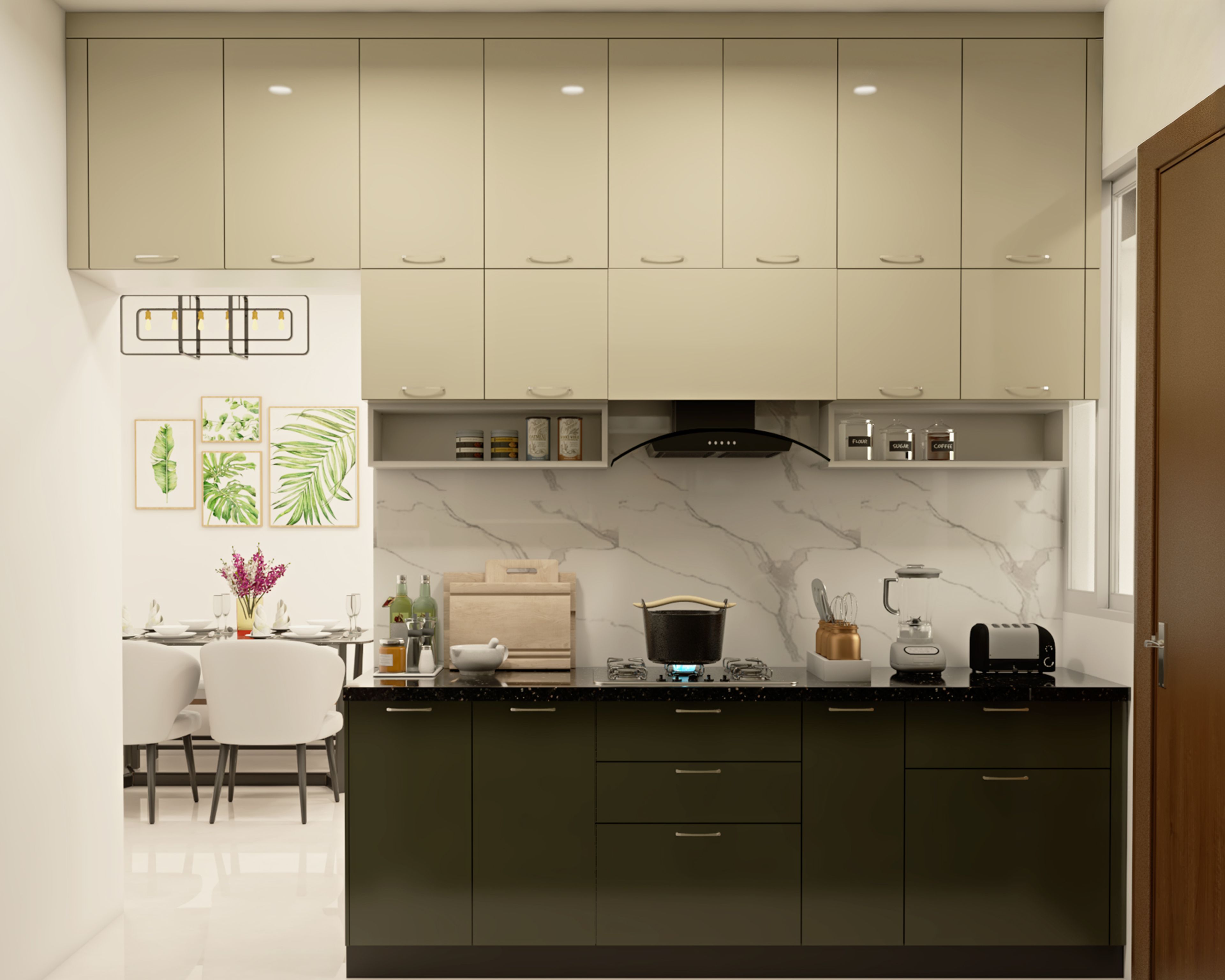 White and Grey Contemporary Parallel Kitchen Design with Granite Countertop