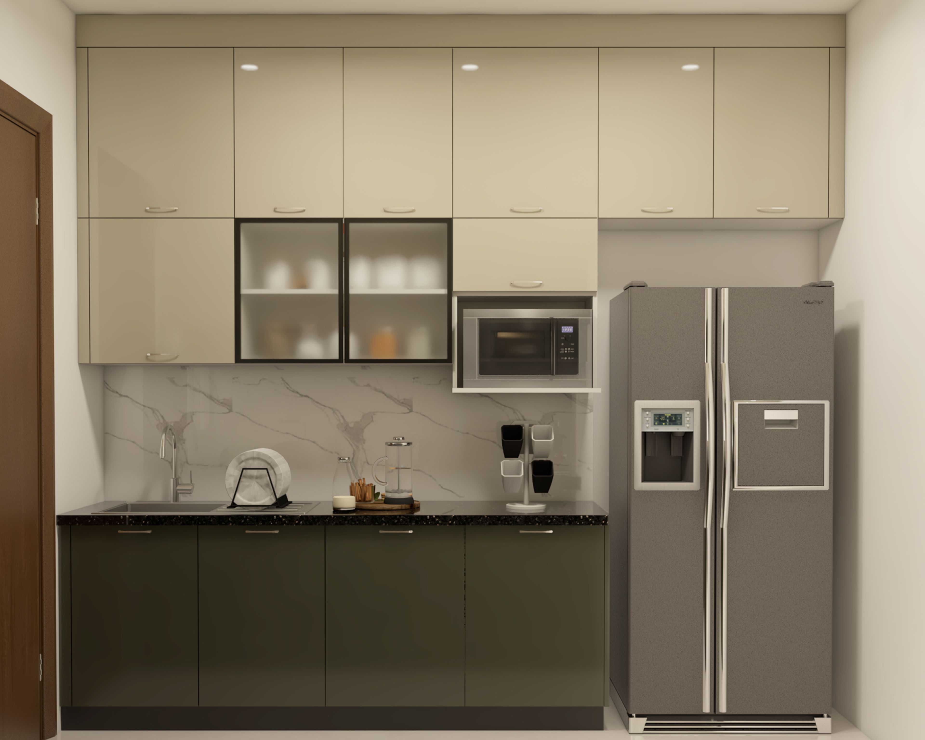 White and Grey Contemporary Parallel Kitchen Design with Granite Countertop