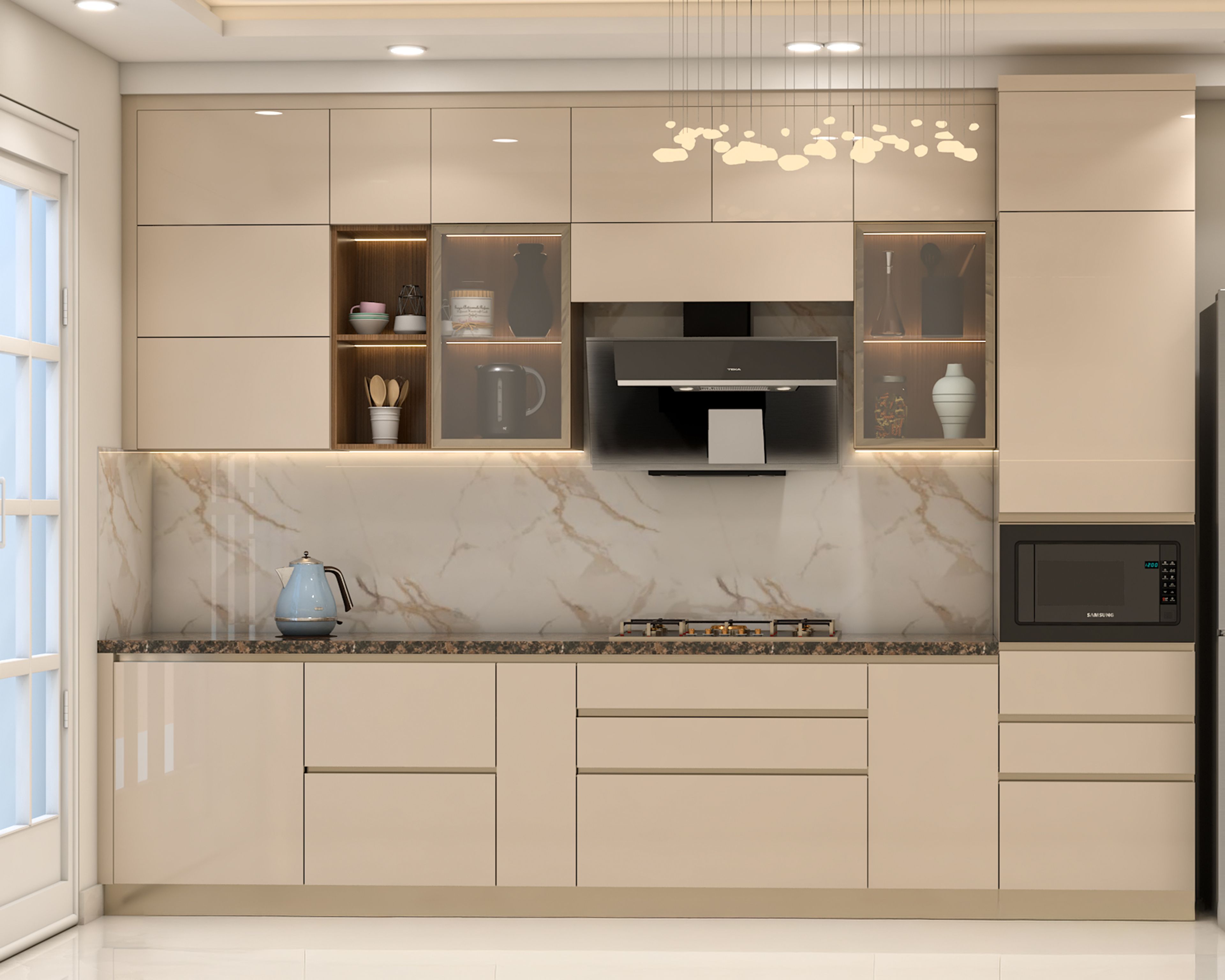 Modern Champagne Parallel Kitchen Design with Granite Countertop