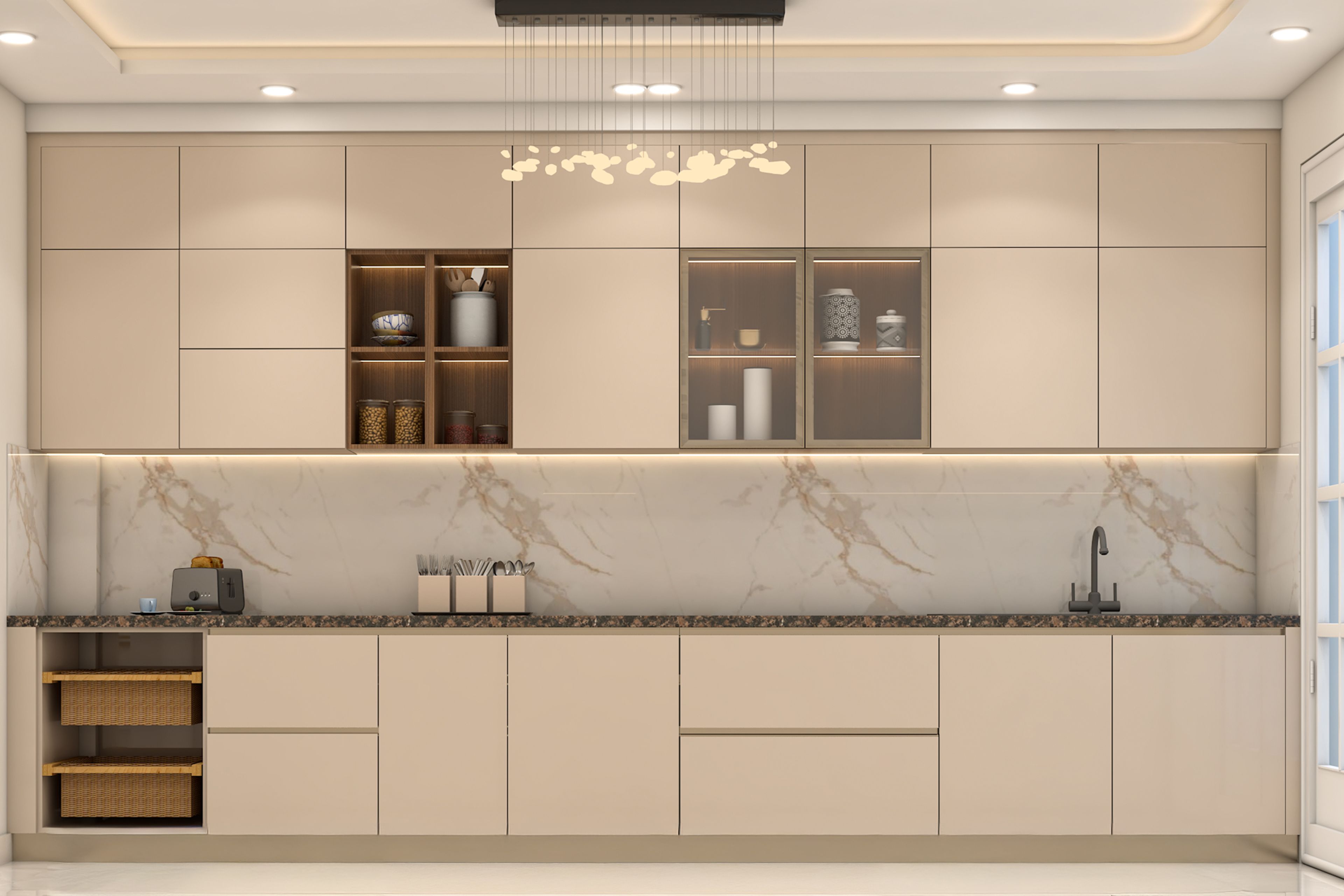 Modern Champagne Parallel Kitchen Design with Granite Countertop