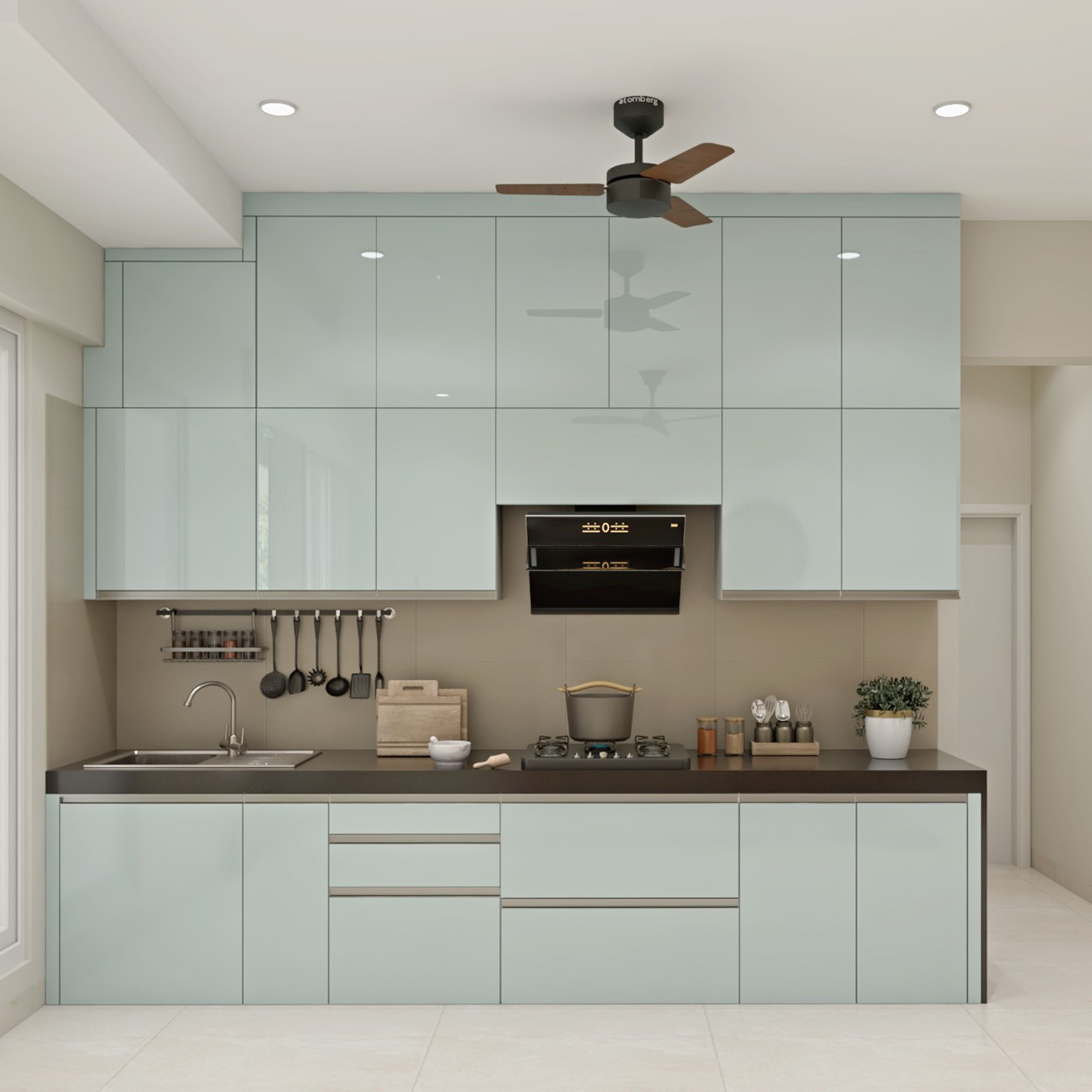 Modern Parallel Kitchen Design in Blue High Gloss Finish with Granite Countertop