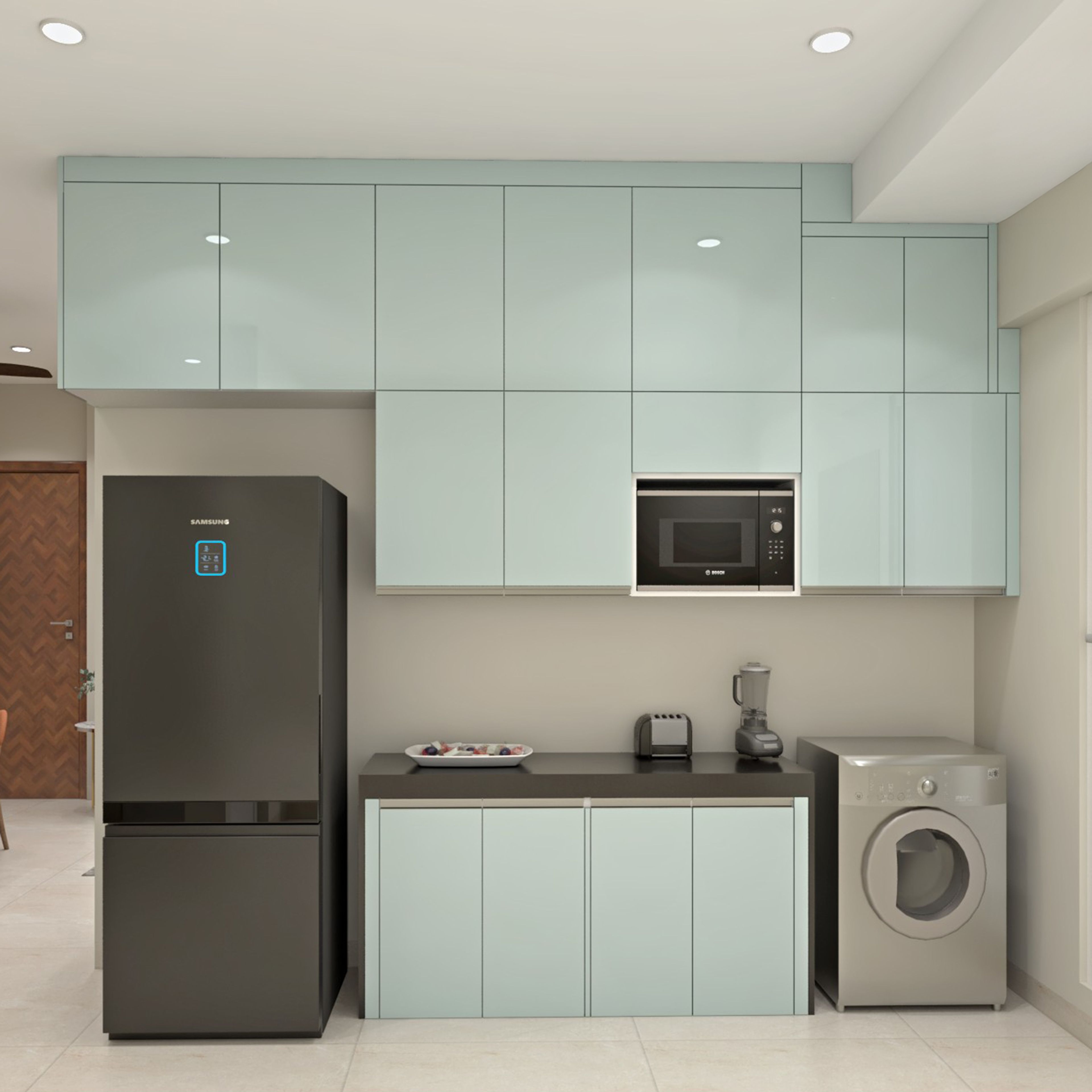 Modern Parallel Kitchen Design in Blue High Gloss Finish with Granite Countertop