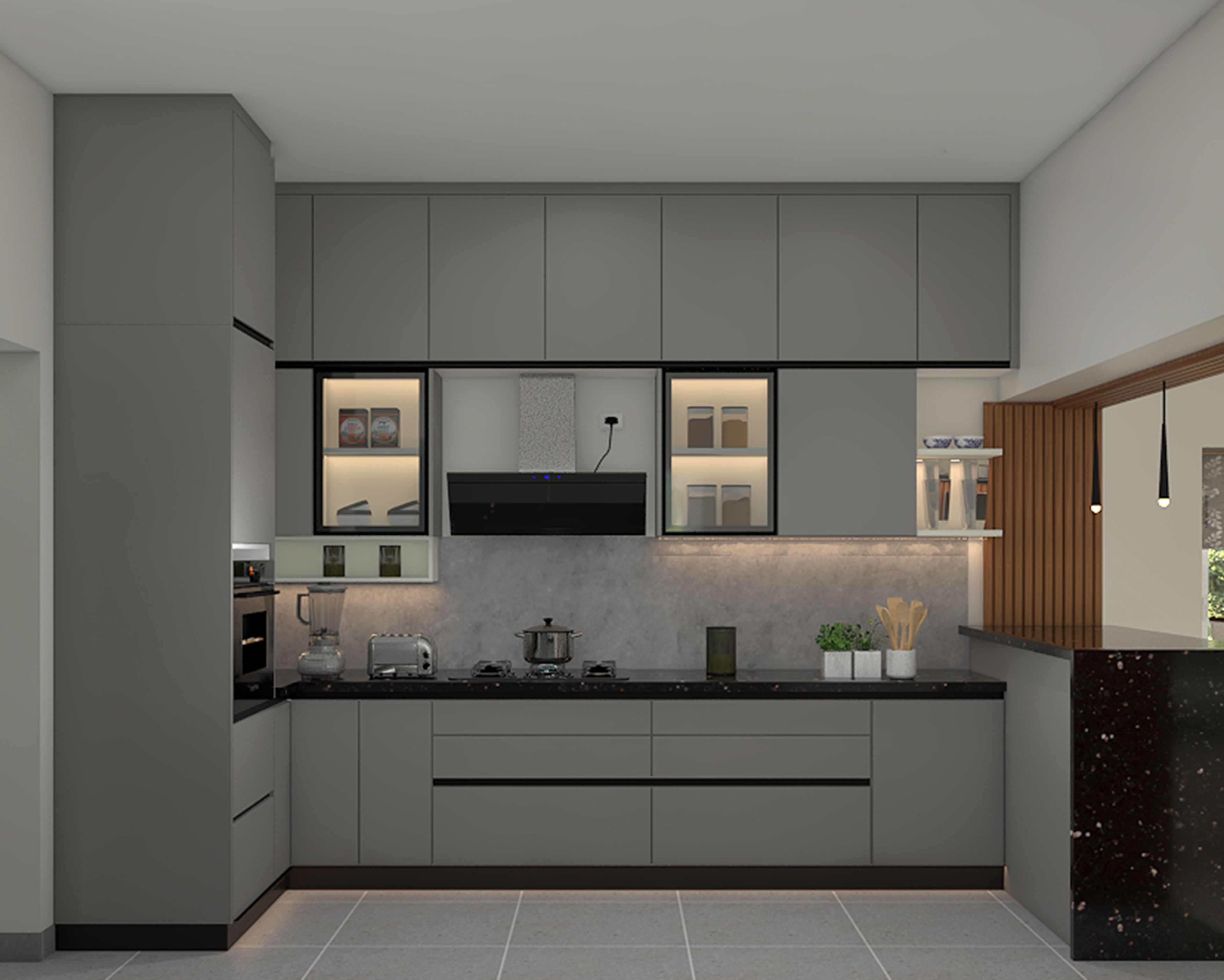 Contemporary L-Shaped White and Grey Kitchen Design with Granite Countertop