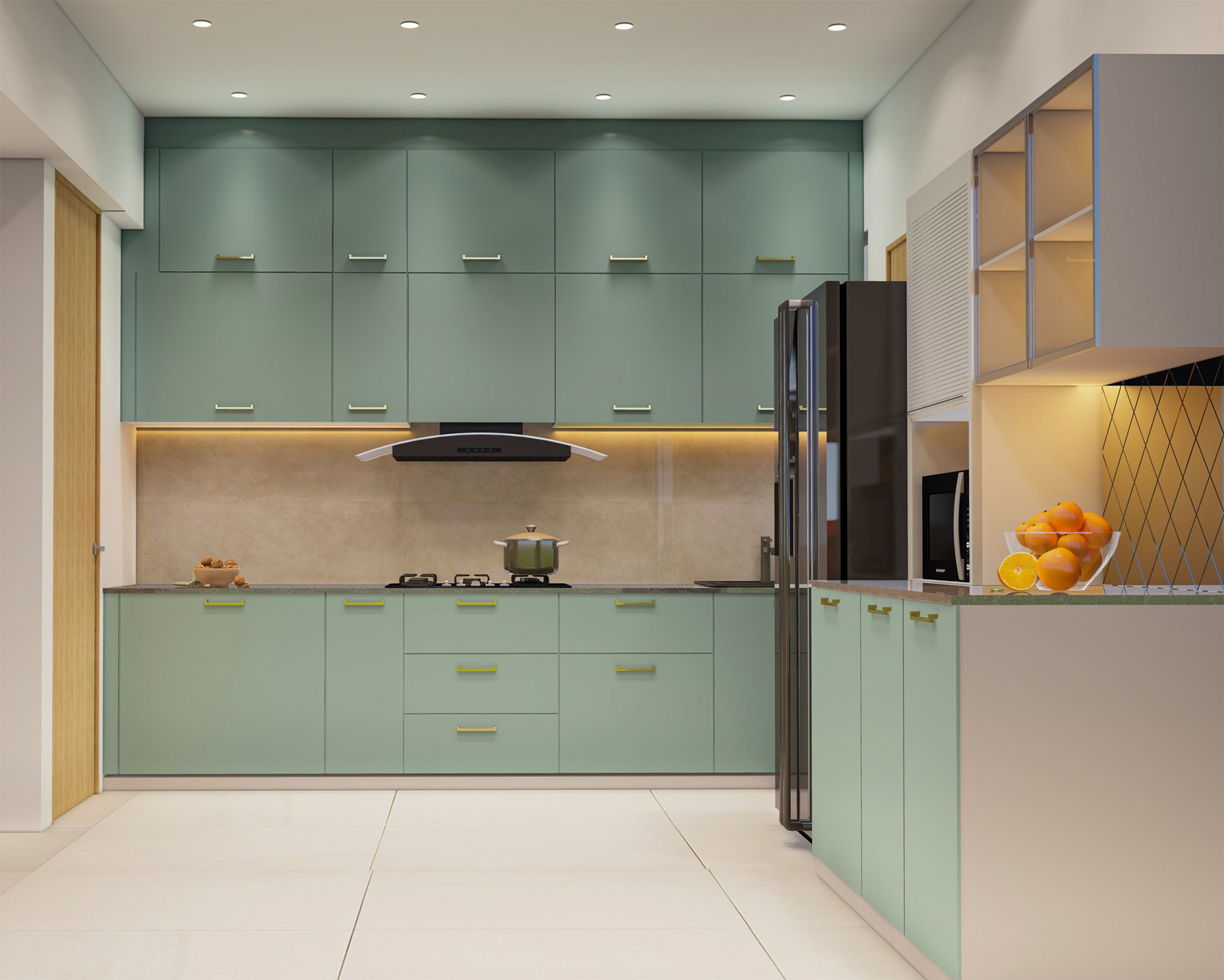 Contemporary L-Shaped Kitchen Design in Aqua Green with Granite Top