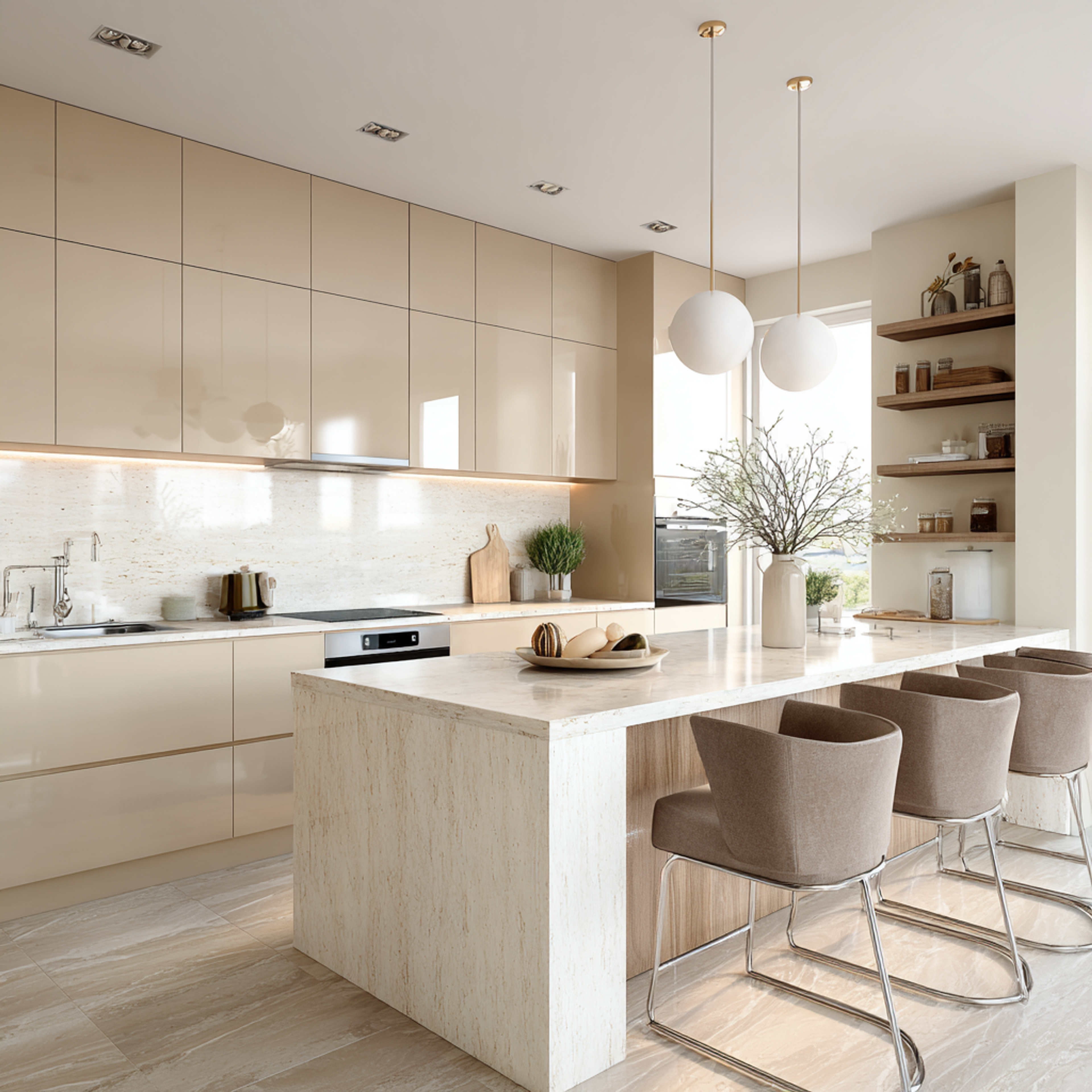 Scandinavian Island Kitchen Design with Cream Cabinets and Quartz Top