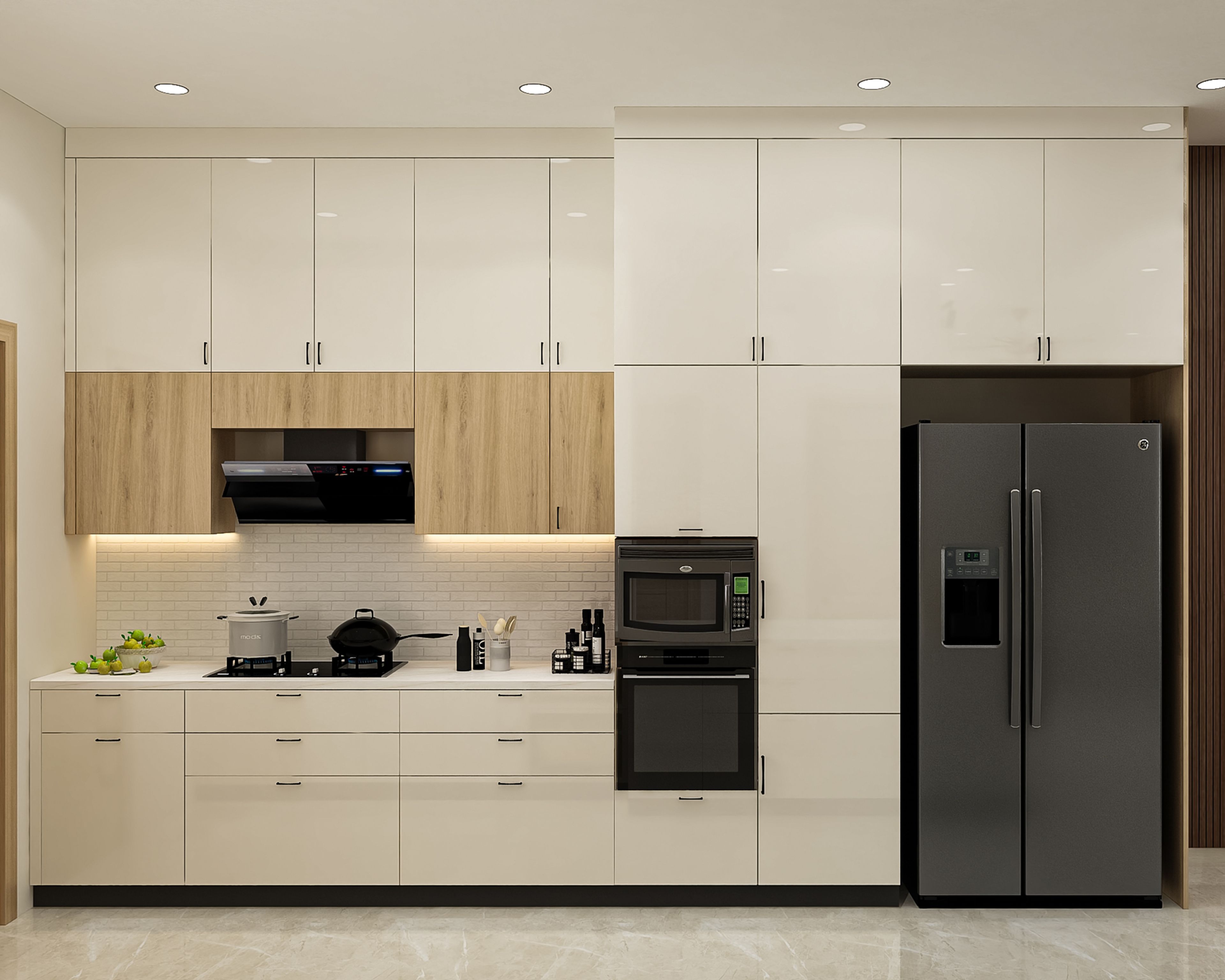 Contemporary Parallel Kitchen Design with Teak and White Cabinets