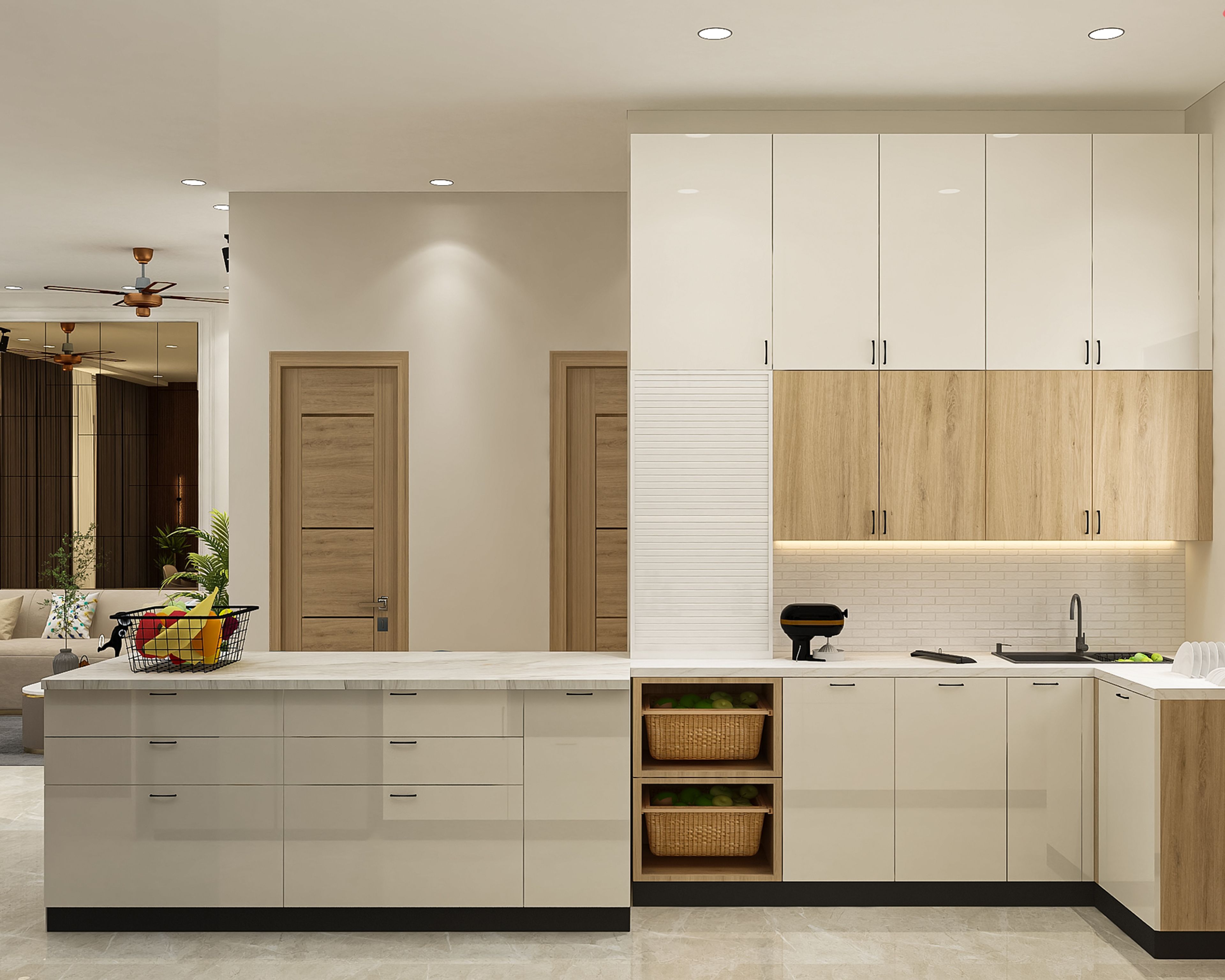 Contemporary Parallel Kitchen Design with Teak and White Cabinets