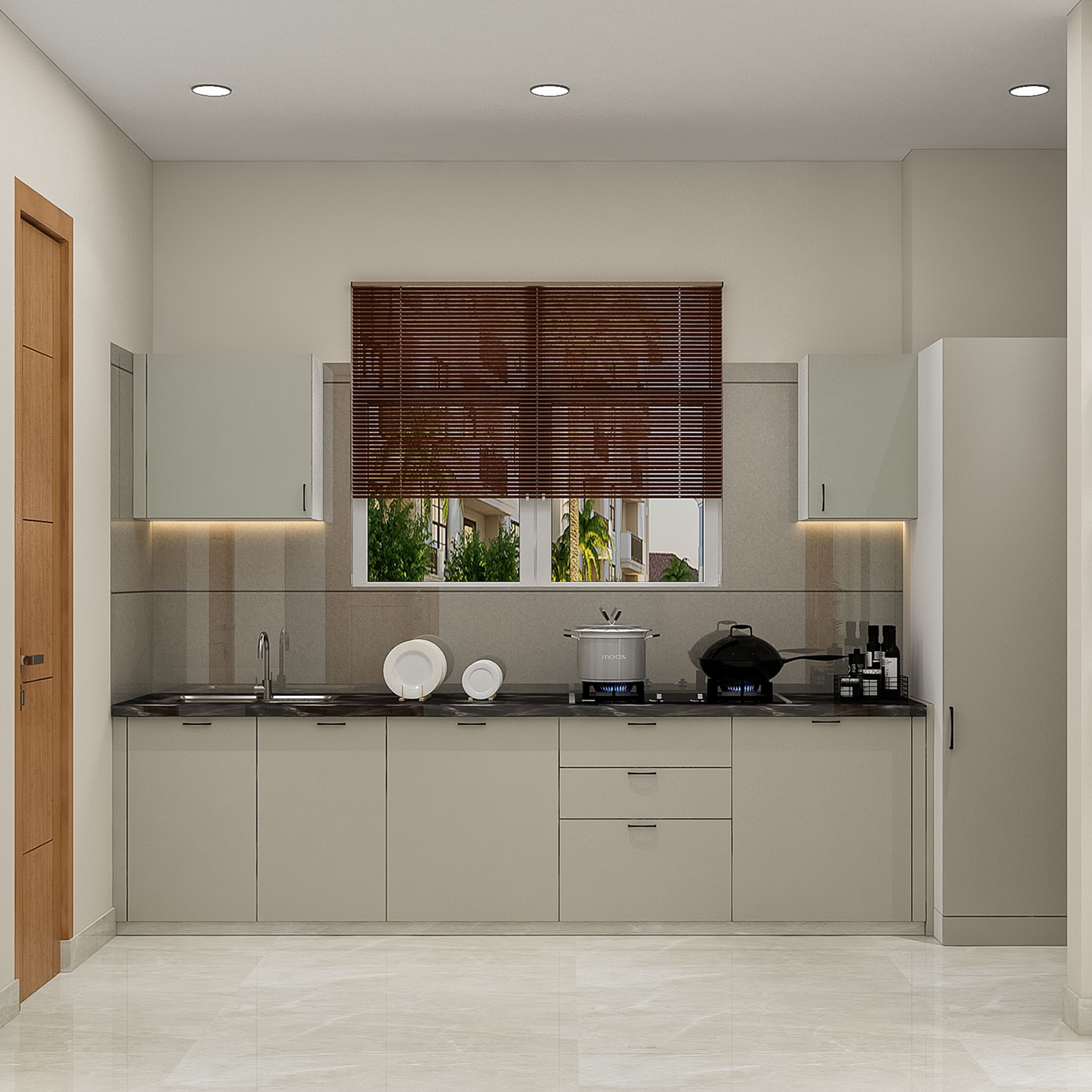 Grey Modern Open Kitchen Design with Granite Countertop and Pantry Storage