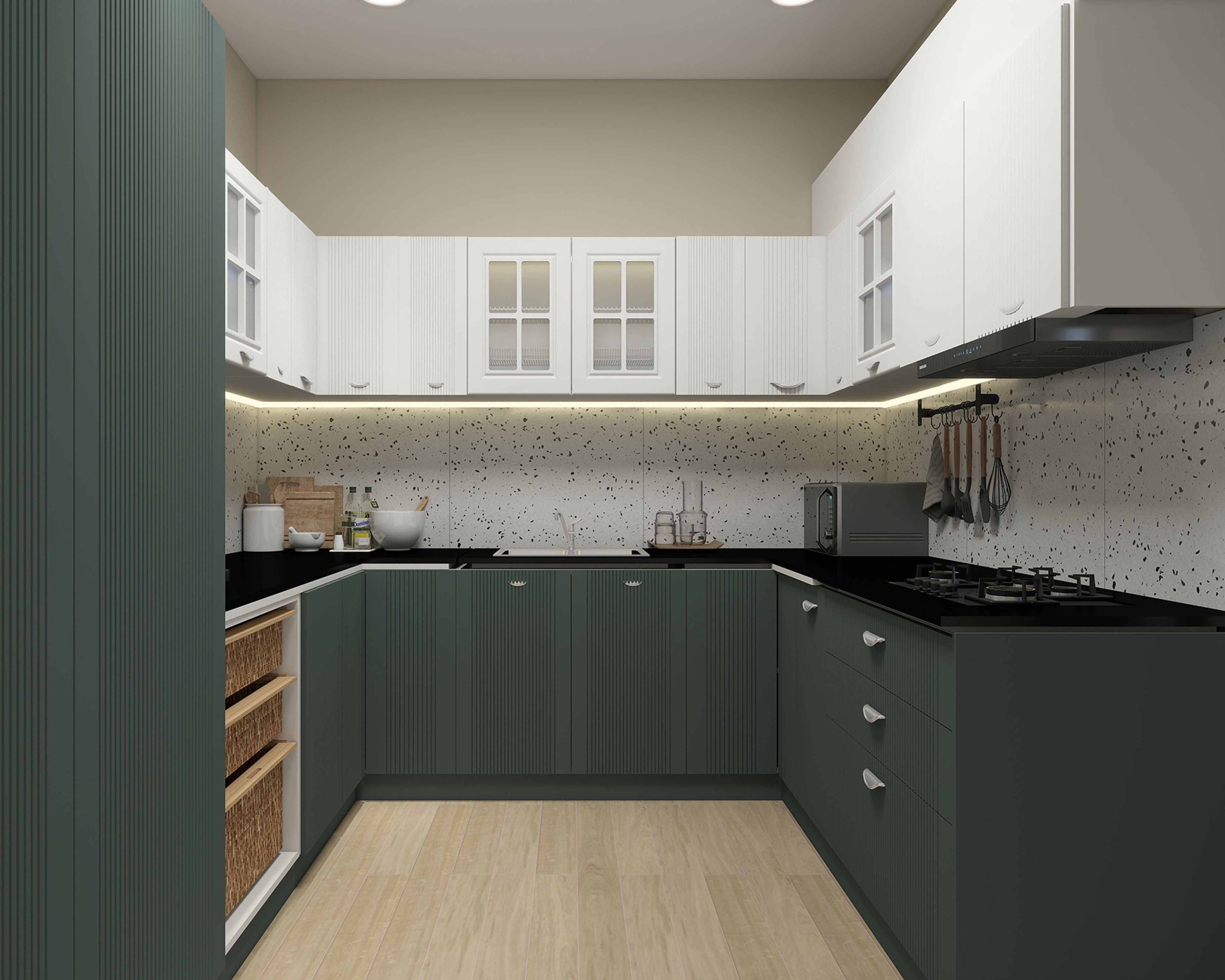 White and Caribe Contemporary U-Shaped Kitchen Design with Granite Top