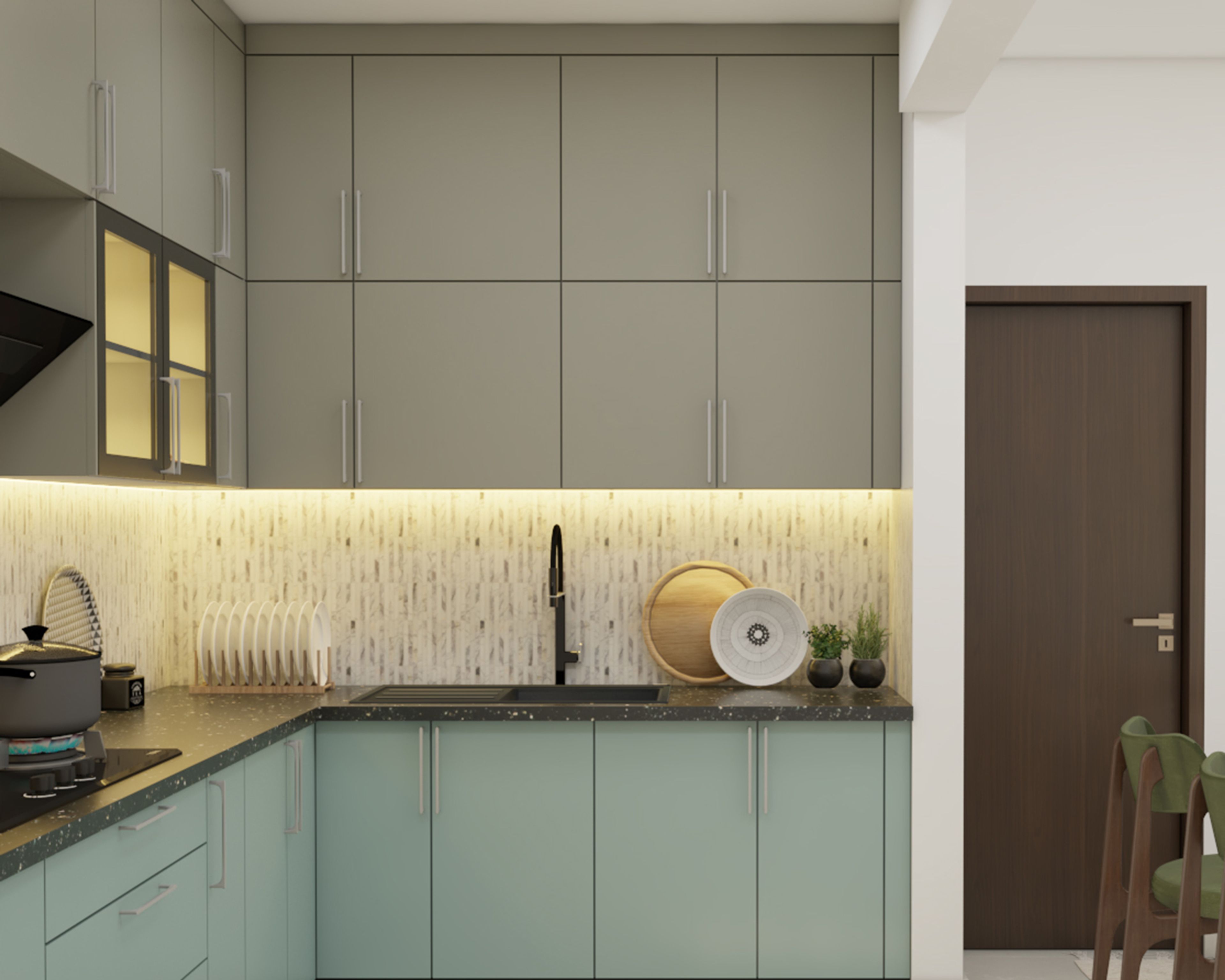 Celestial Blue Grey Modern L-Shaped Kitchen Design with Granite Countertop