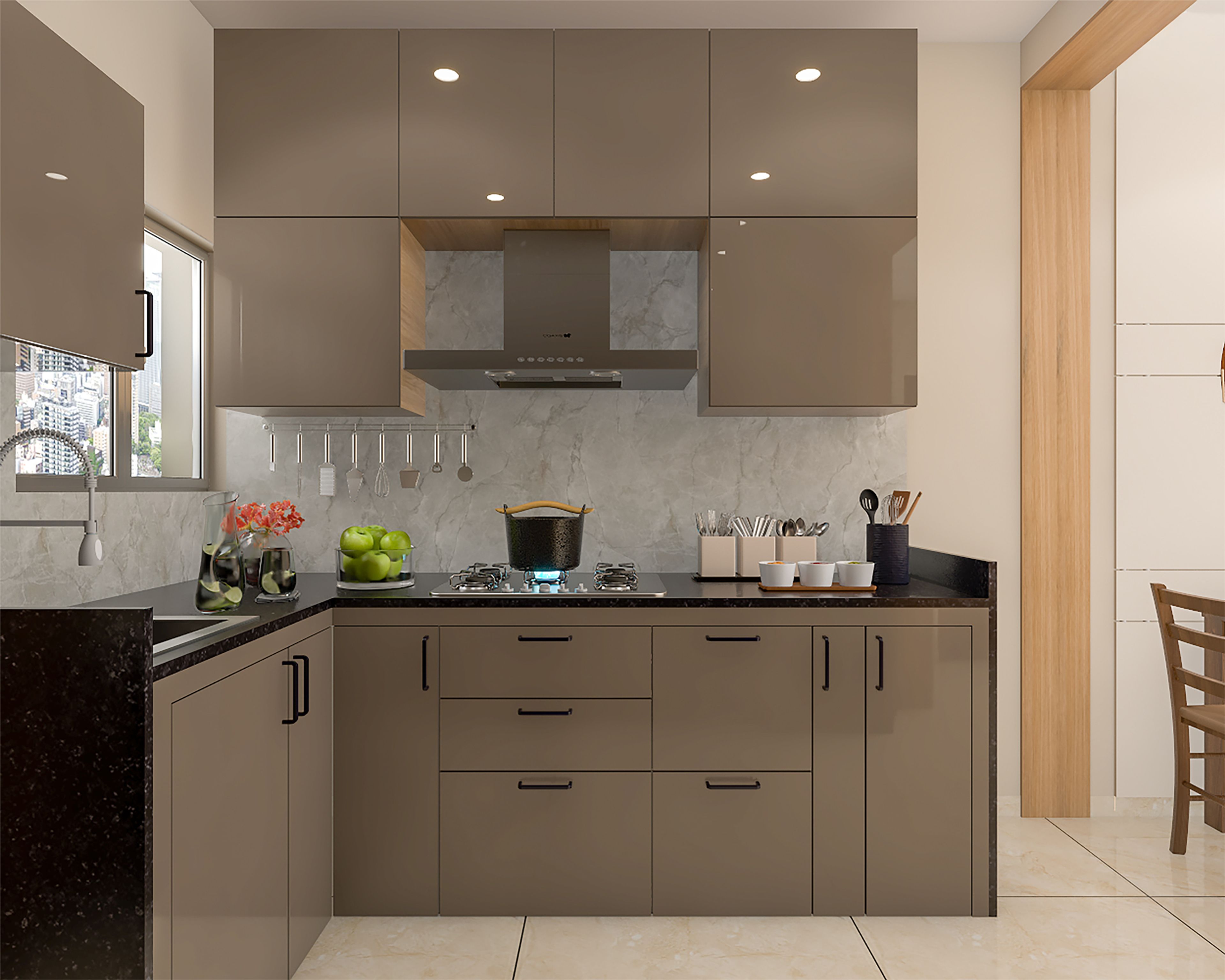 Contemporary L-Shaped Kitchen Design with Cappuccino Cabinets Storage