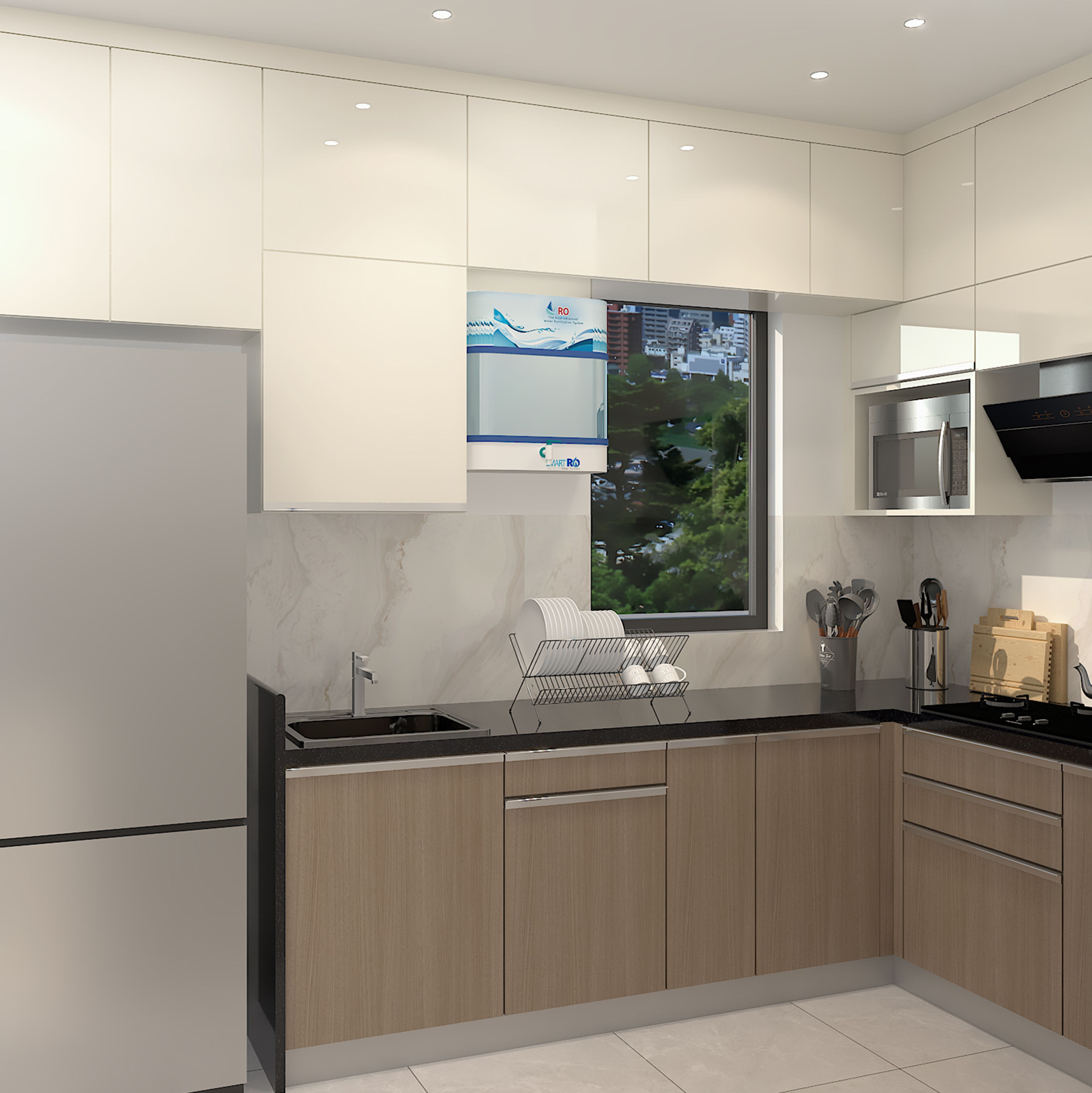 Walnut and White Modern L-Shaped Kitchen Design with Granite Countertop