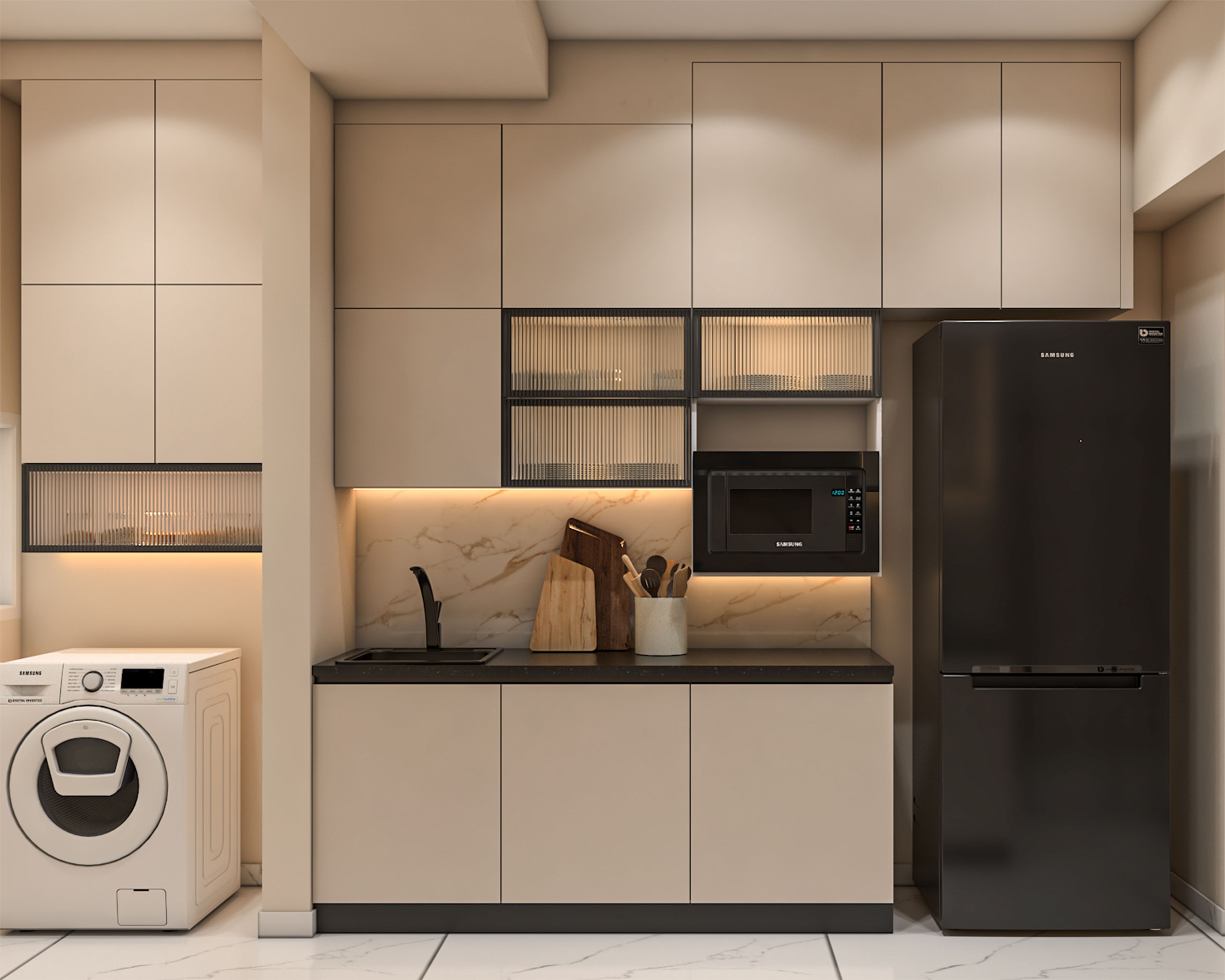 Irish Cream Contemporary Parallel Kitchen Design with Granite Countertop