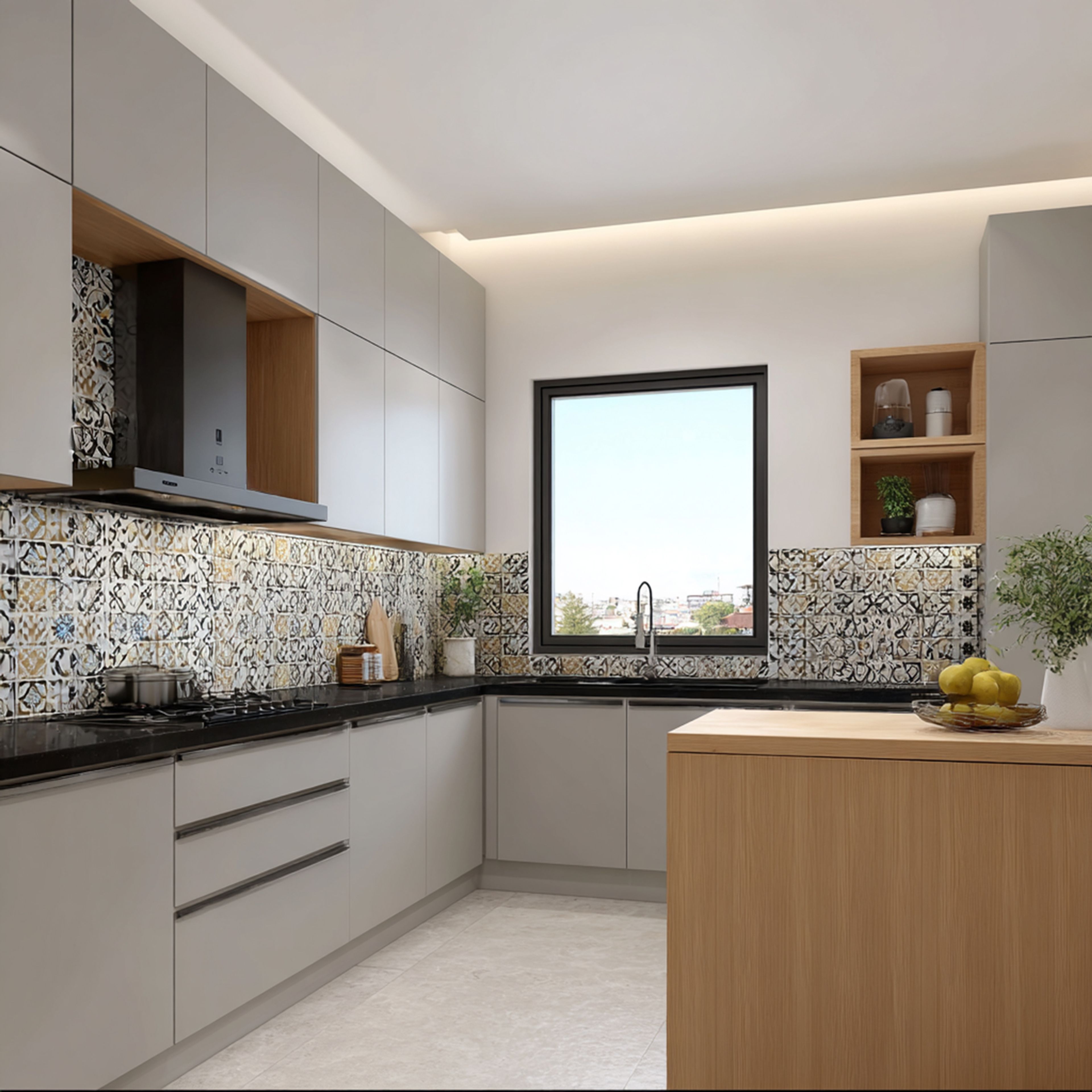 Grey Contemporary L-Shaped Kitchen Design with Granite Countertop