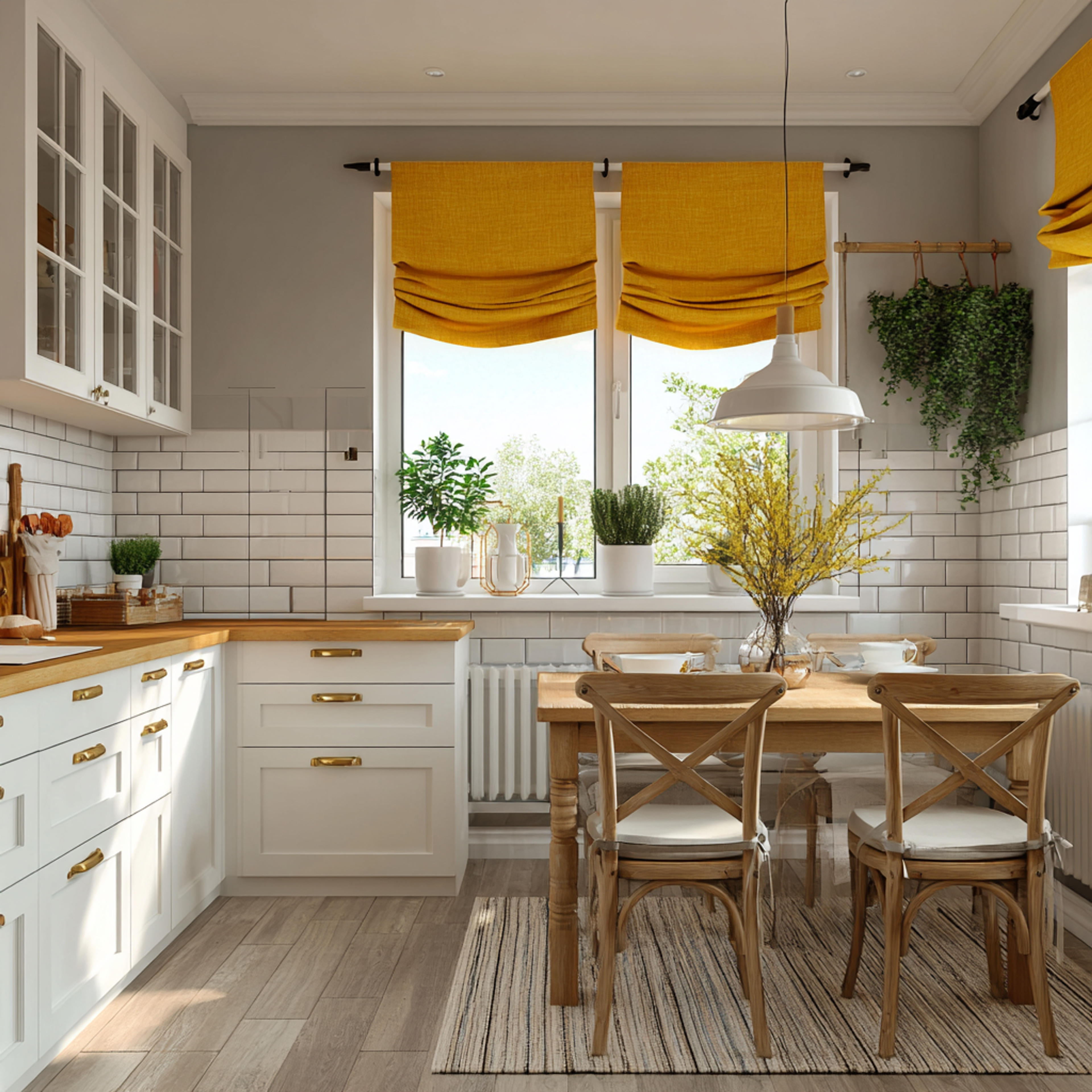 White Scandinavian Open Kitchen Design with Quartz Countertop