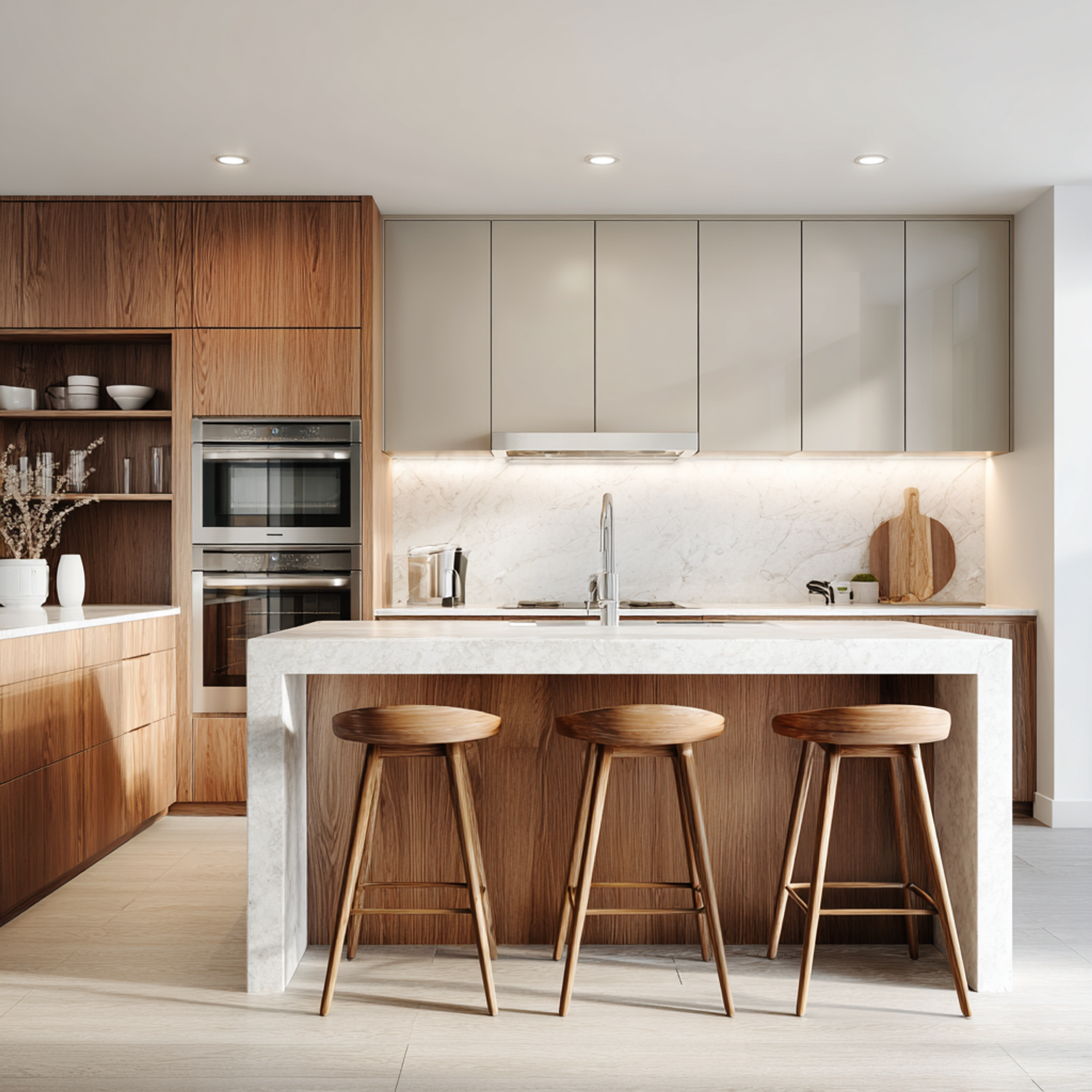 Modern Island Kitchen Design with Walnut and Grey Cabinets with Suede Finish