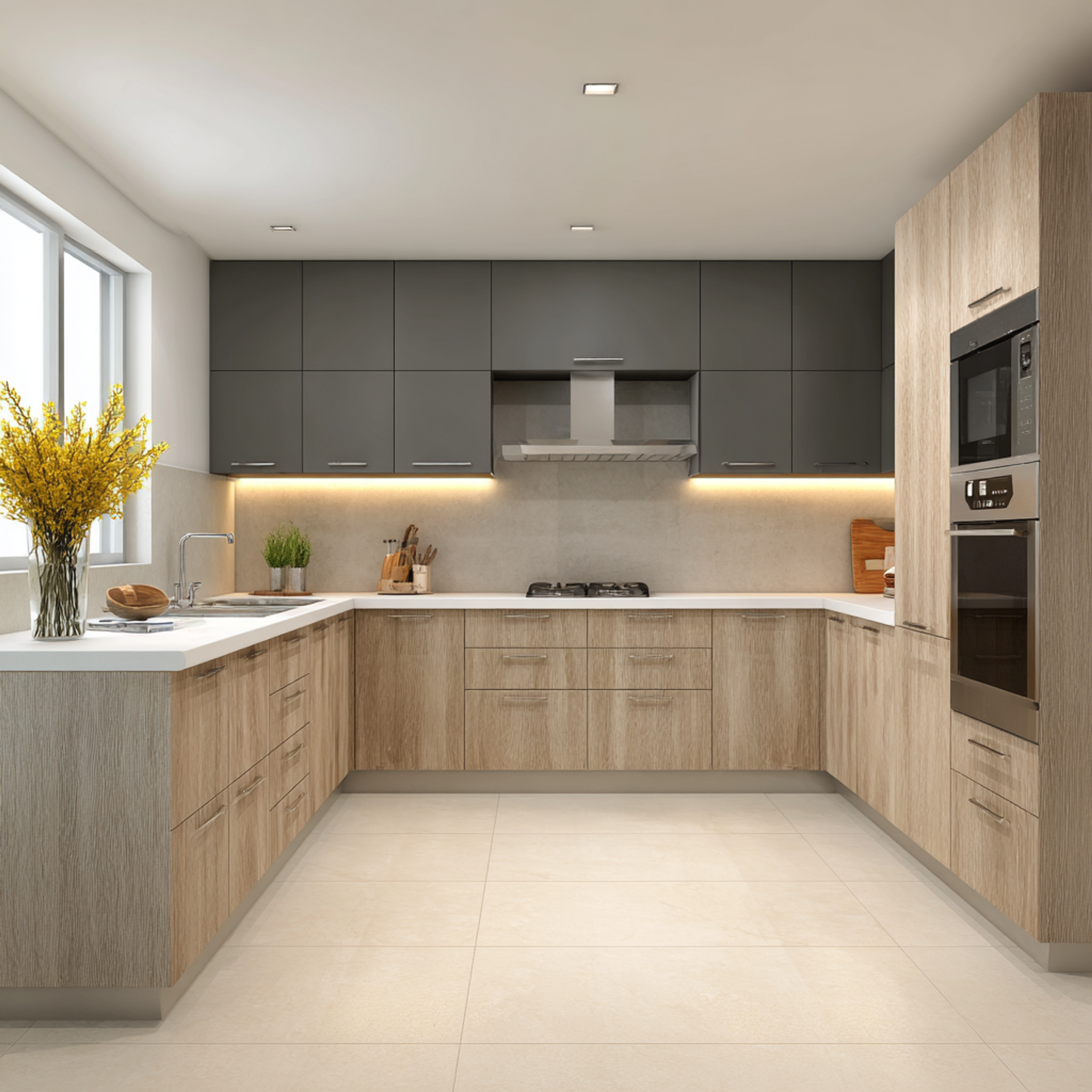 Grey and Acacia Contemporary U-Shaped Kitchen Design with Quartz Countertop