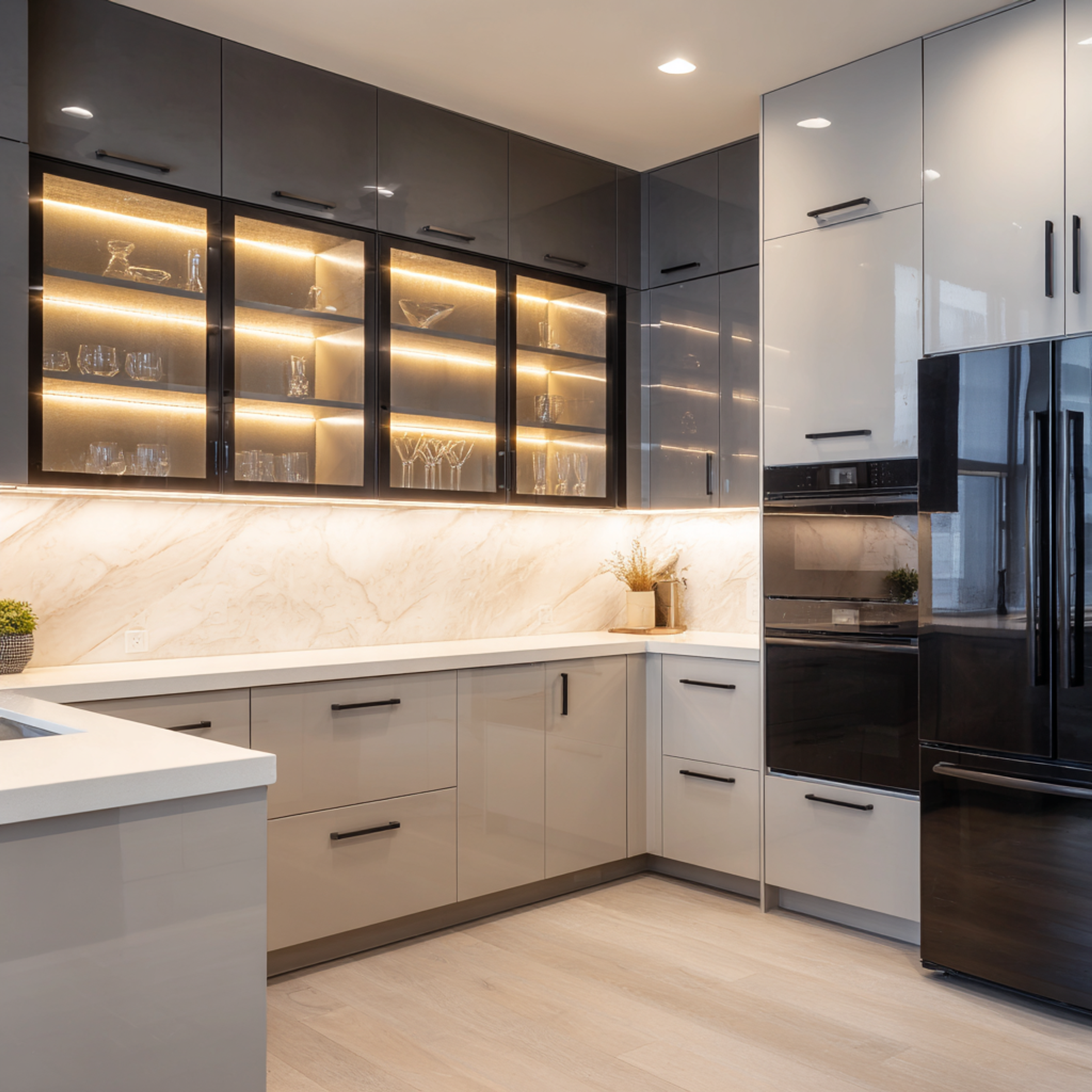 Modern White and Grey Straight Kitchen Design with High Gloss Laminate Finish