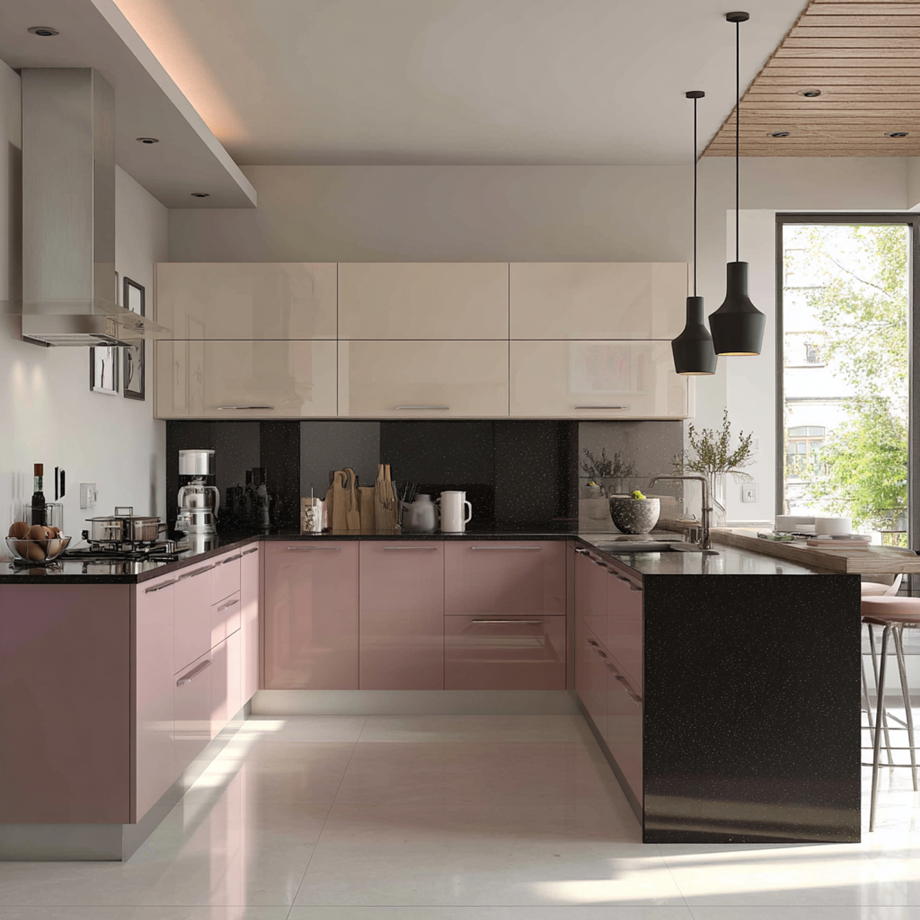 Modern Rose and Champagne U-Shaped Kitchen Design with Suede Laminate Finish