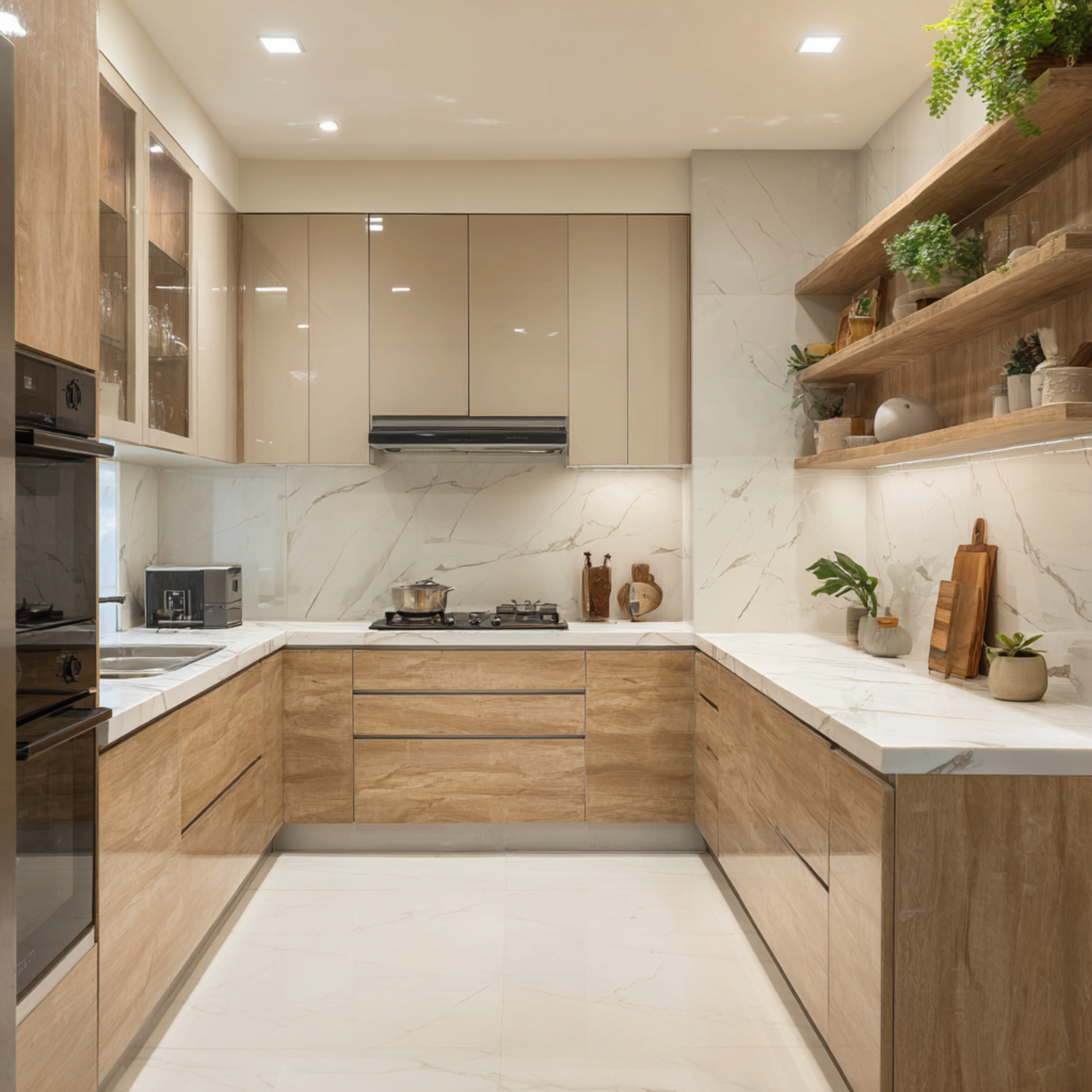 Acacia and Cappuccino Contemporary Straight Kitchen Design qith Quartz Countertop