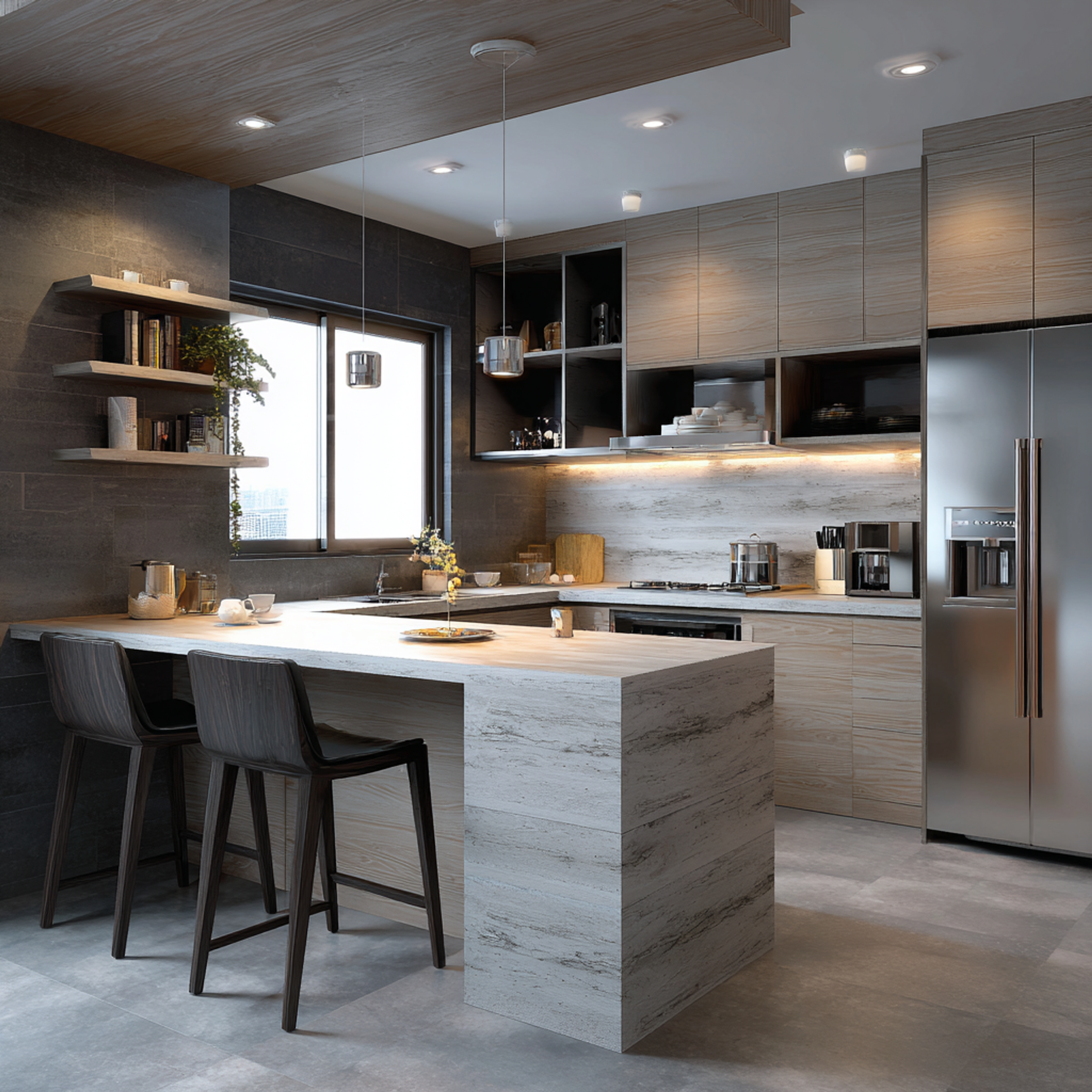 Classic Acacia Suede Finish Straight Kitchen Design with Quartz Island